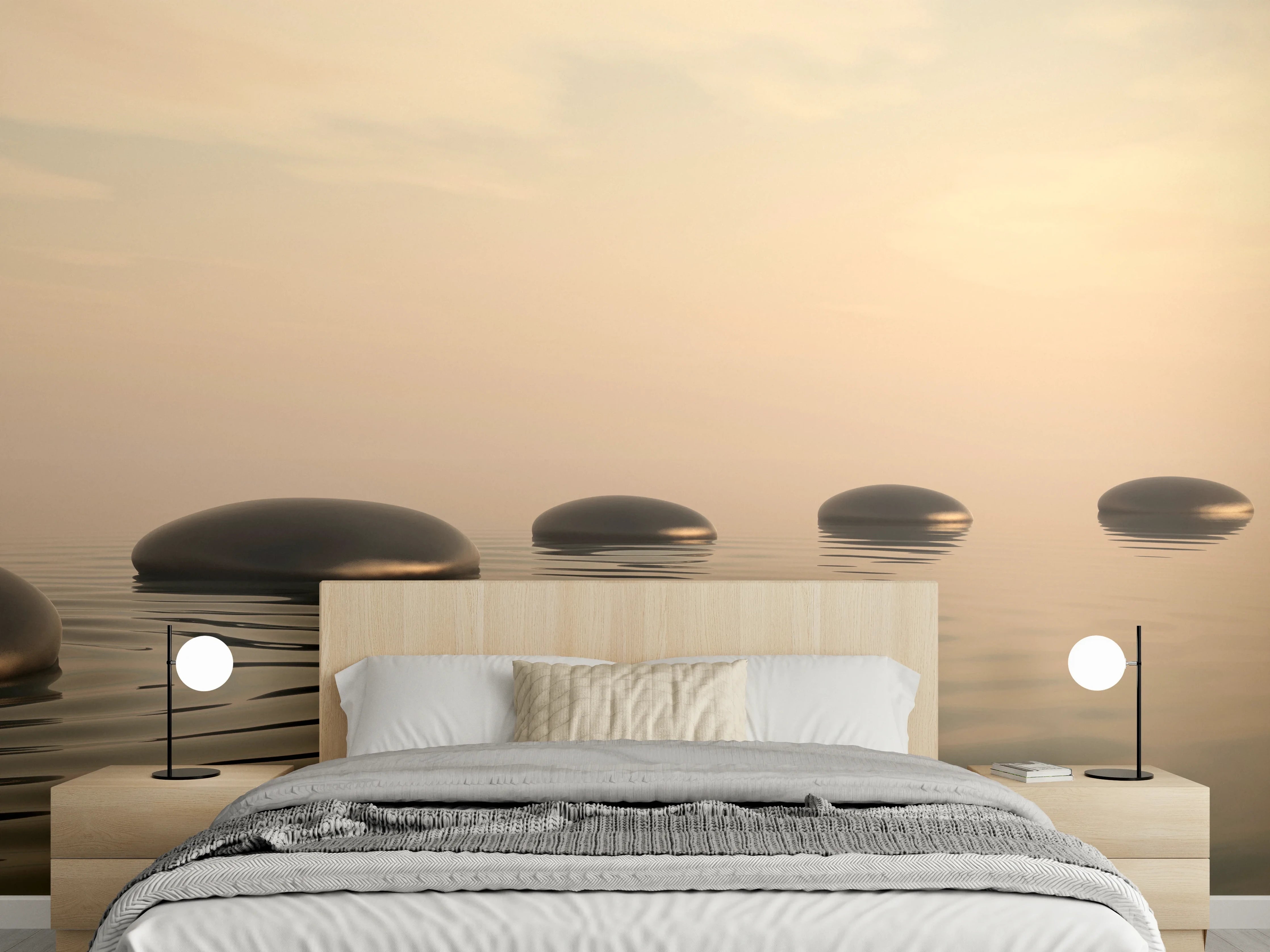 Wandverkleidung Schlafzimmer - Schwarze Zen-Steine auf ruhigem Beige