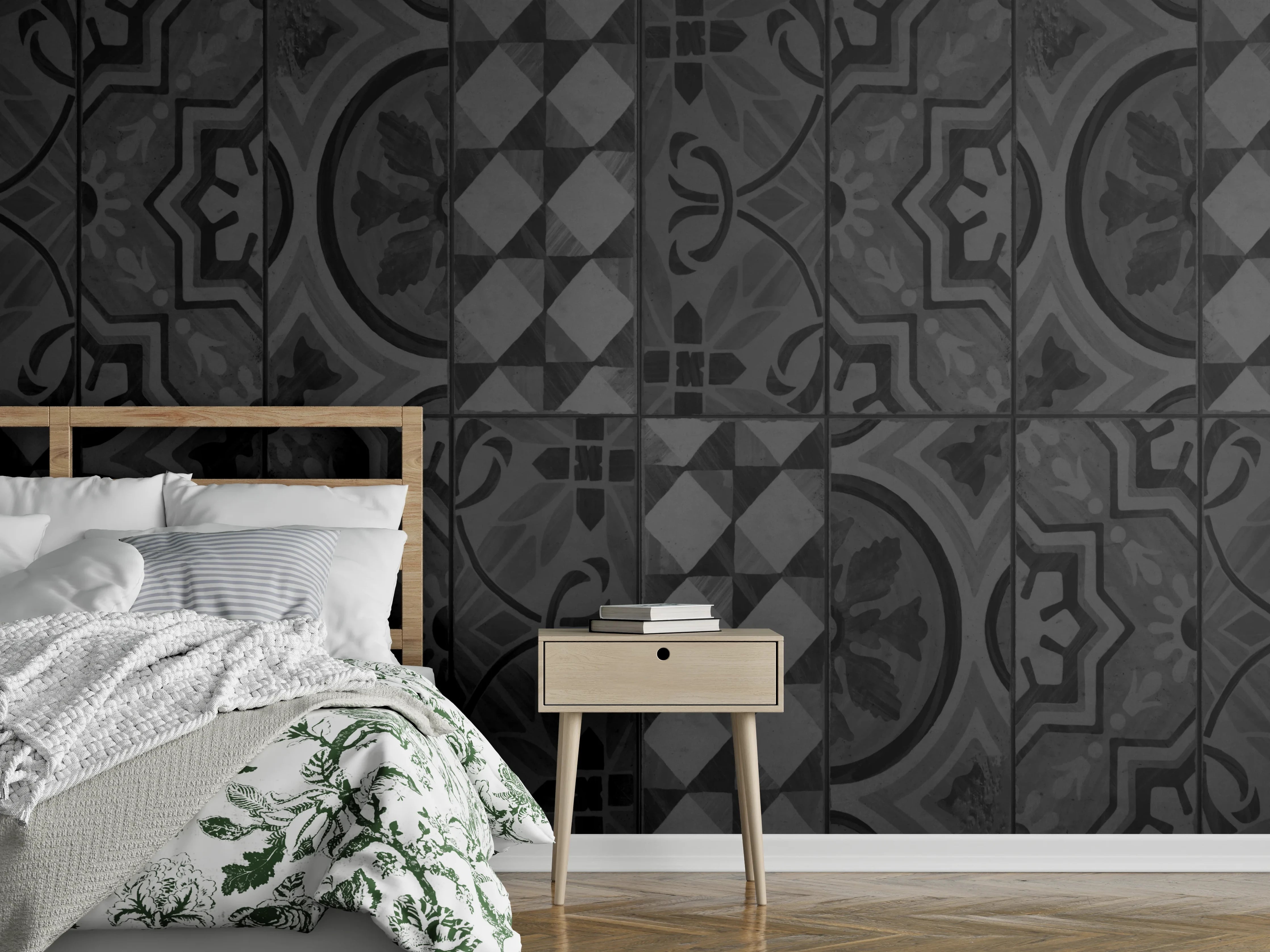Wandverkleidung Schlafzimmer - Schwarze geometrisch rechteckige Fliesen