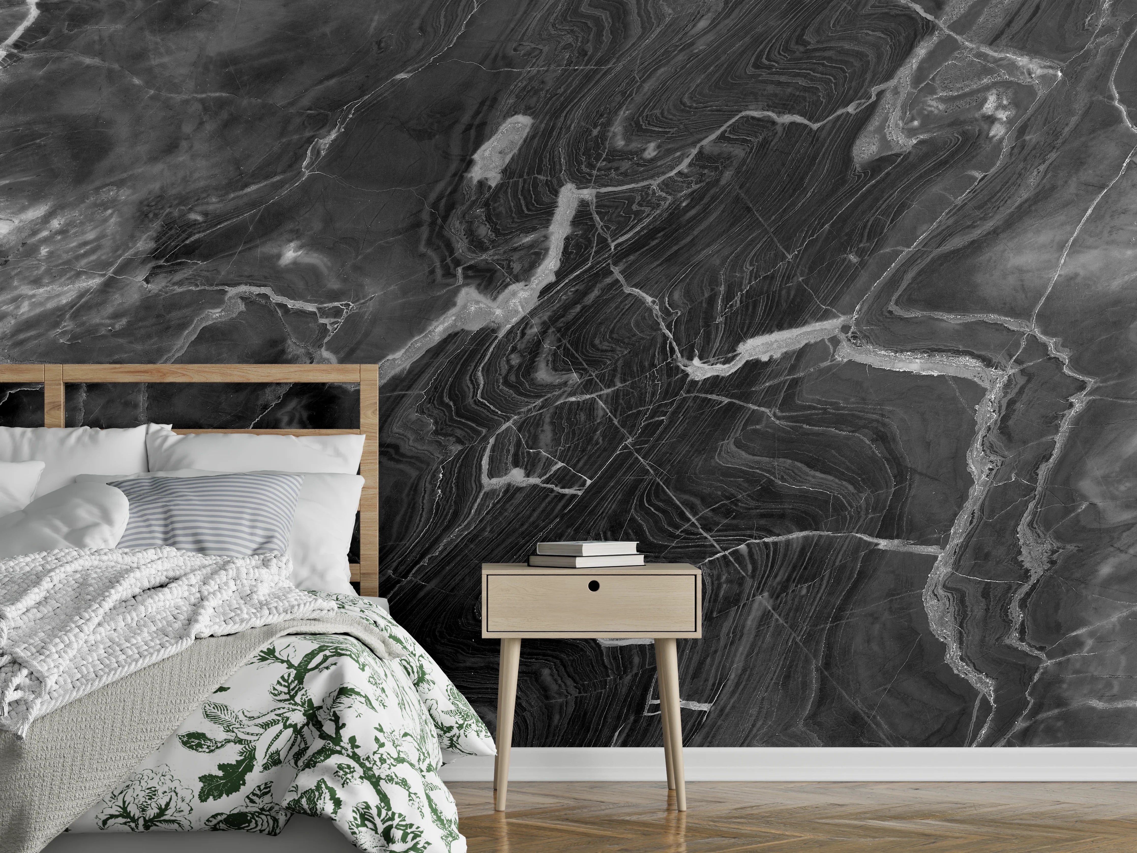 Wandverkleidung Schlafzimmer - Schwarzer Marmor mit weißen Adern