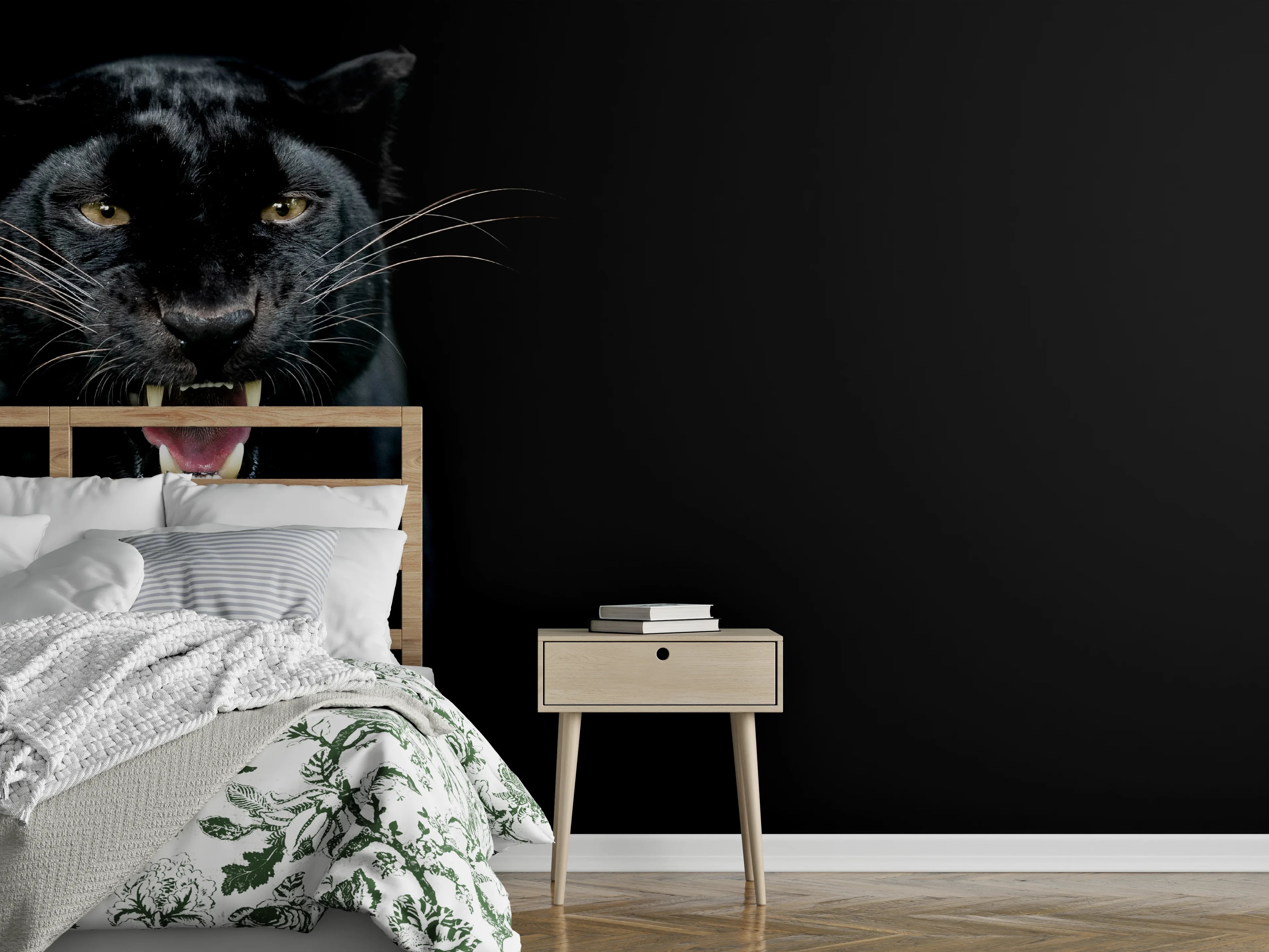 Wandverkleidung Schlafzimmer - Schwarzer Panther auf schwarzem Hintergrund