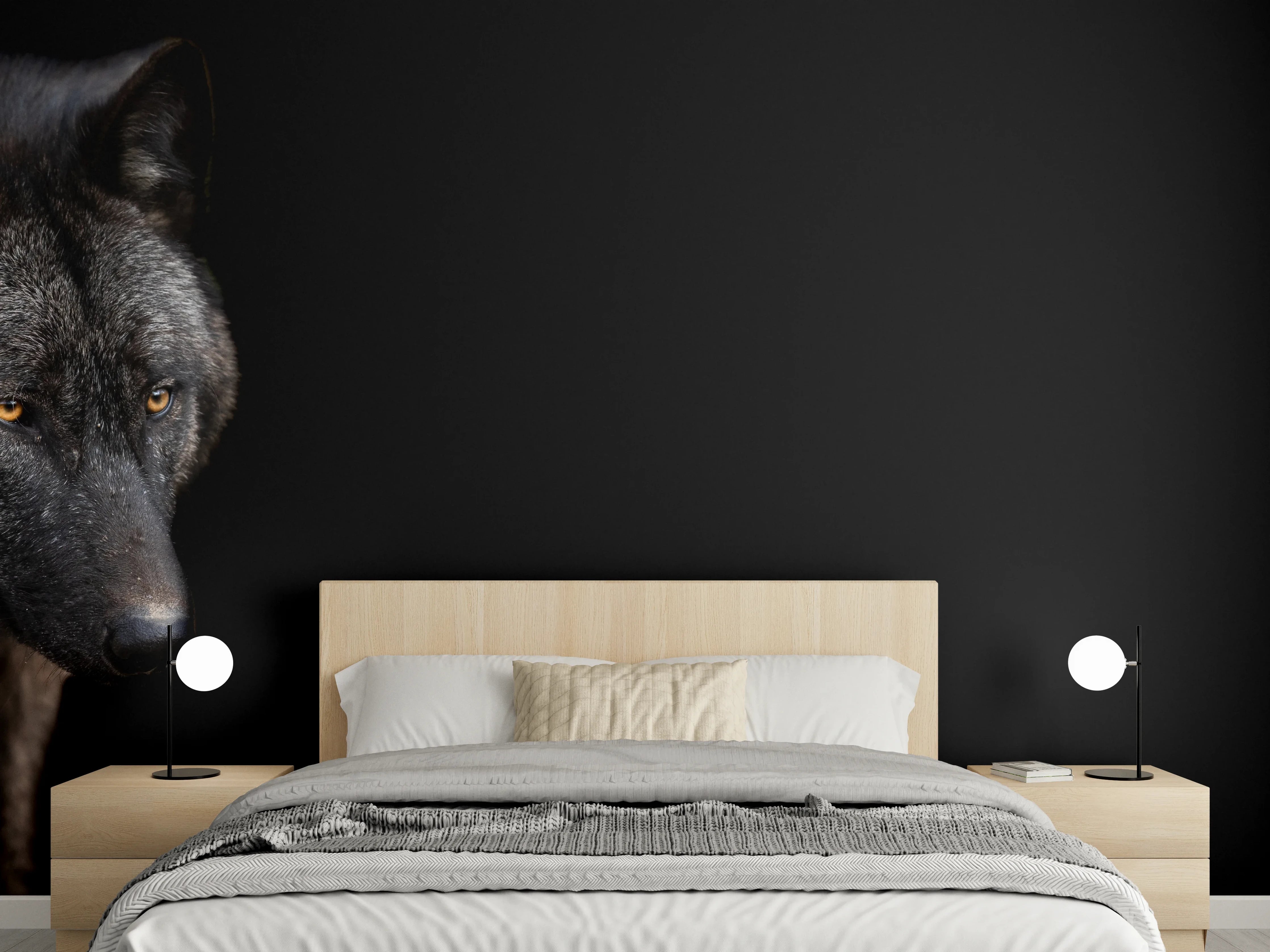 Wandverkleidung Schlafzimmer - Schwarzer Wolf auf schwarzem Hintergrund