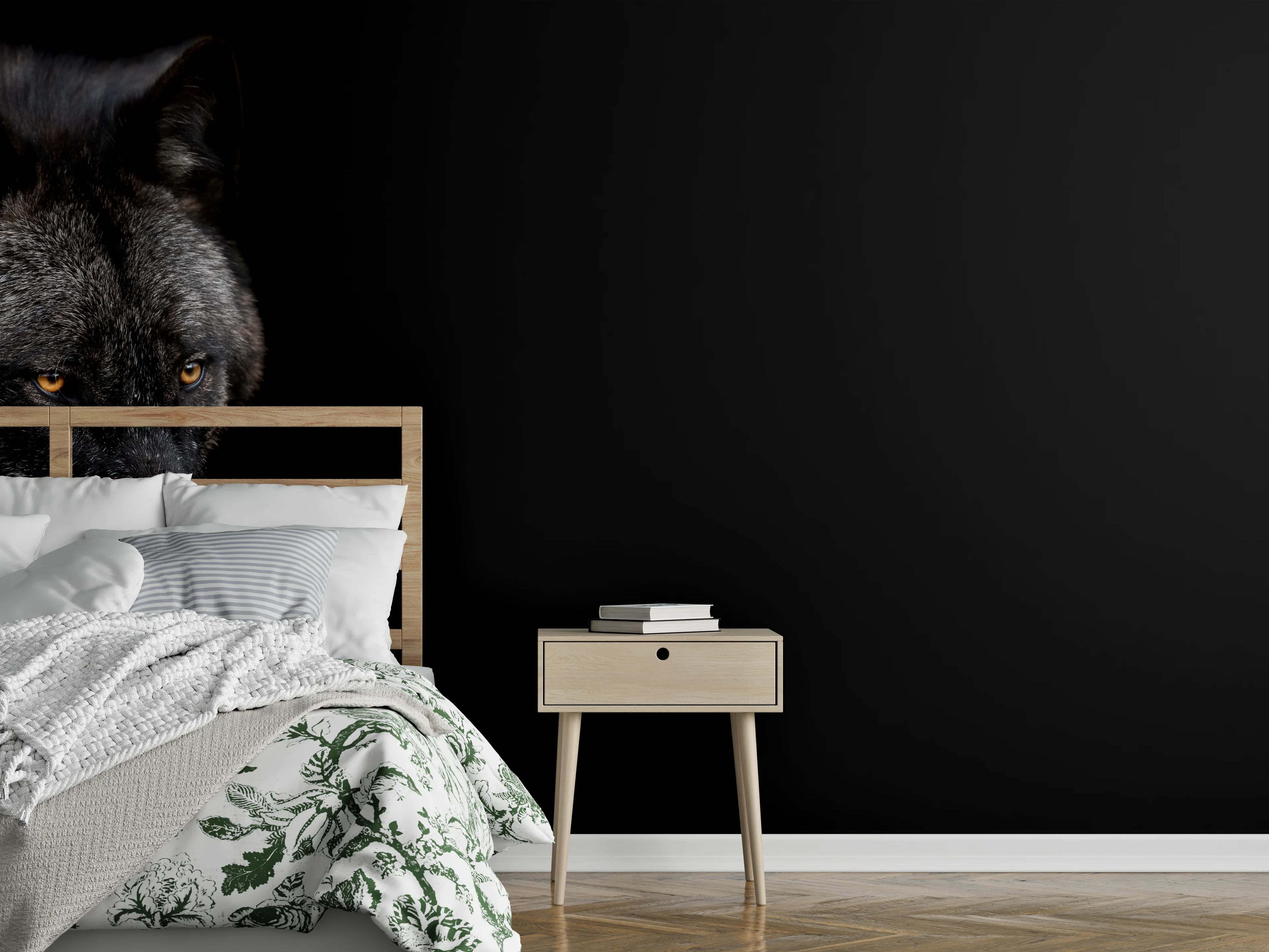 Wandverkleidung Schlafzimmer - Schwarzer Wolf auf schwarzem Hintergrund