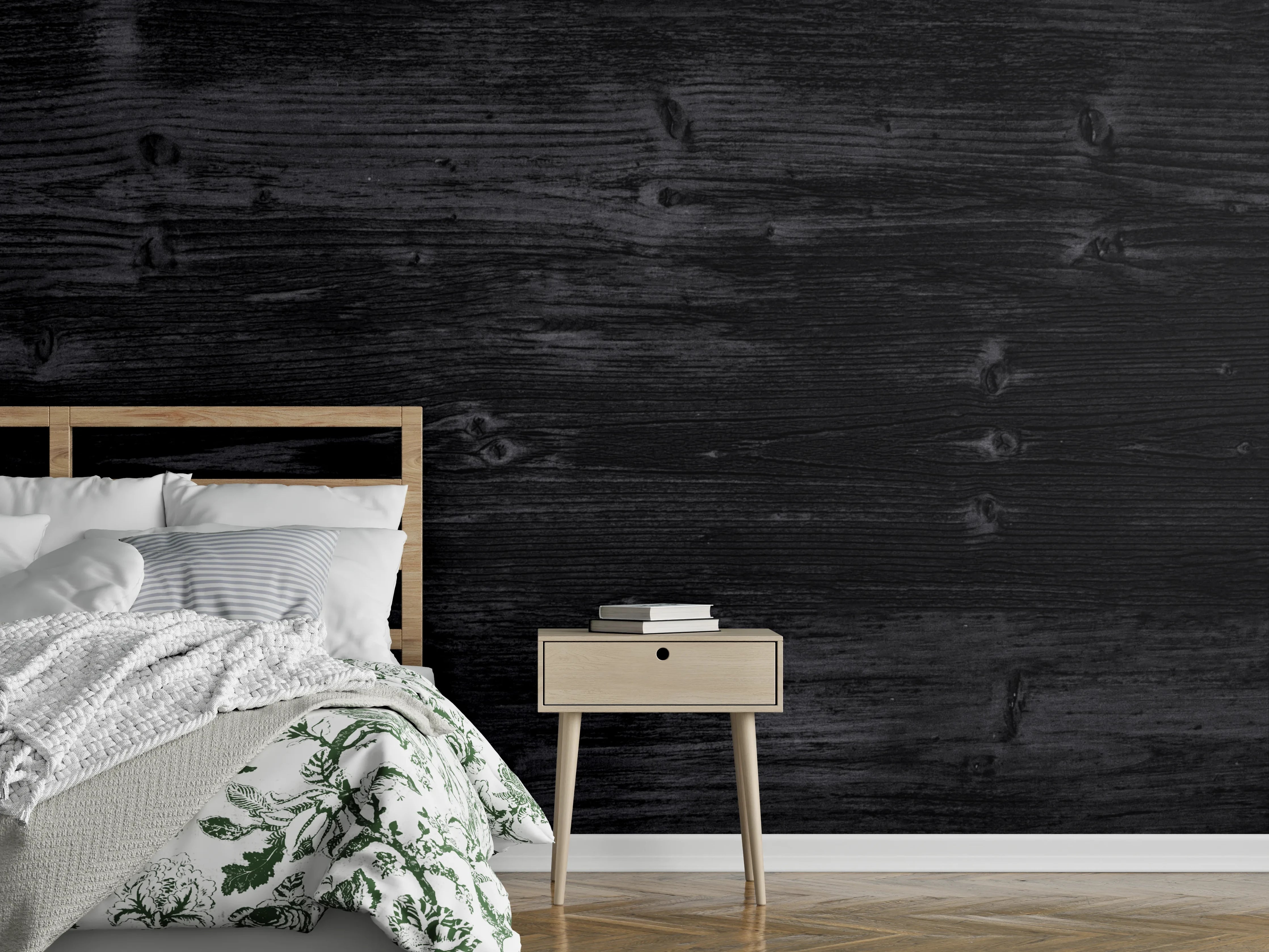 Wandverkleidung Schlafzimmer - Schwarzes Holz mit rauer Struktur