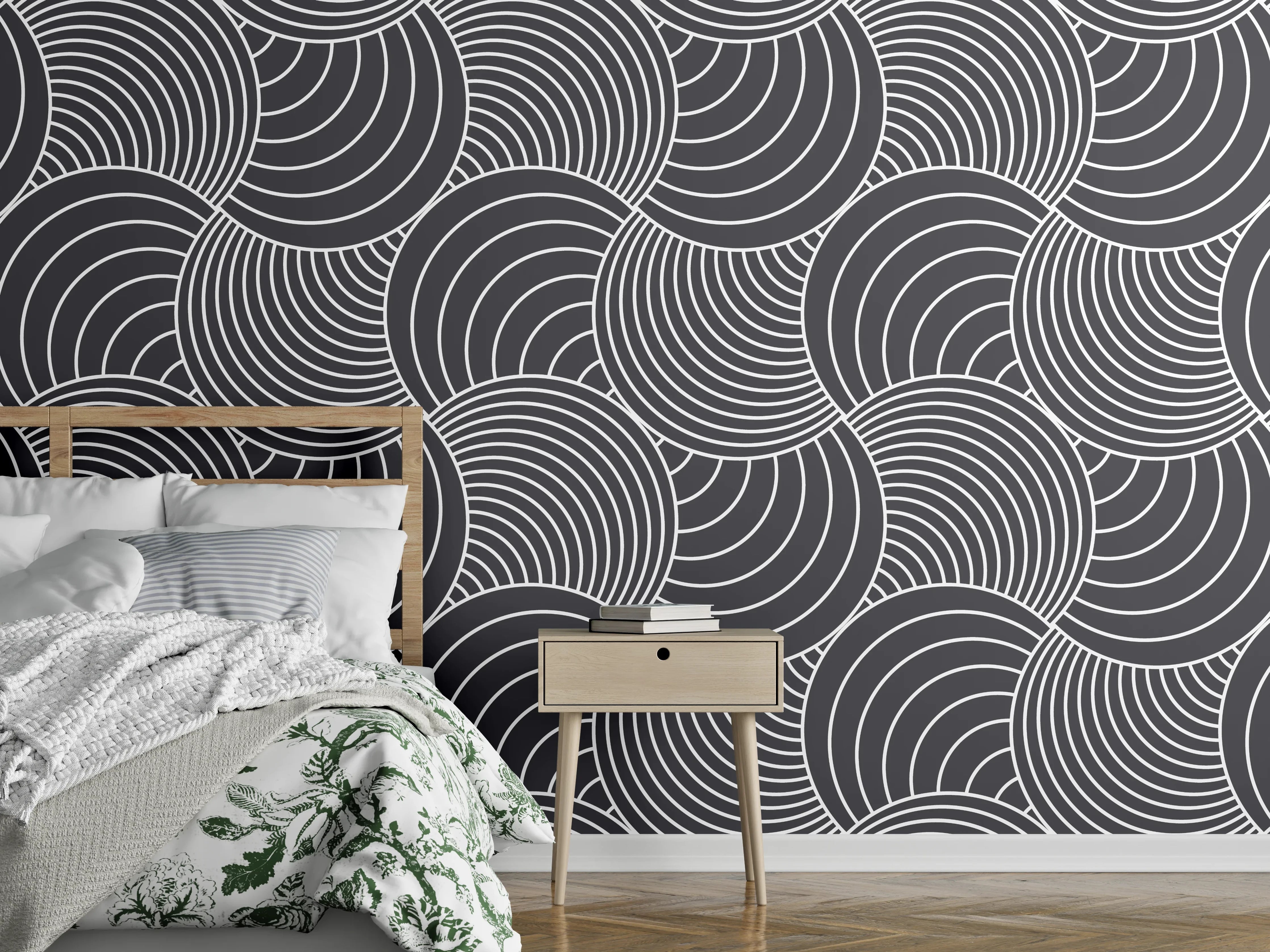 Wandverkleidung Schlafzimmer - Schwarzes Muster mit weißen Linien