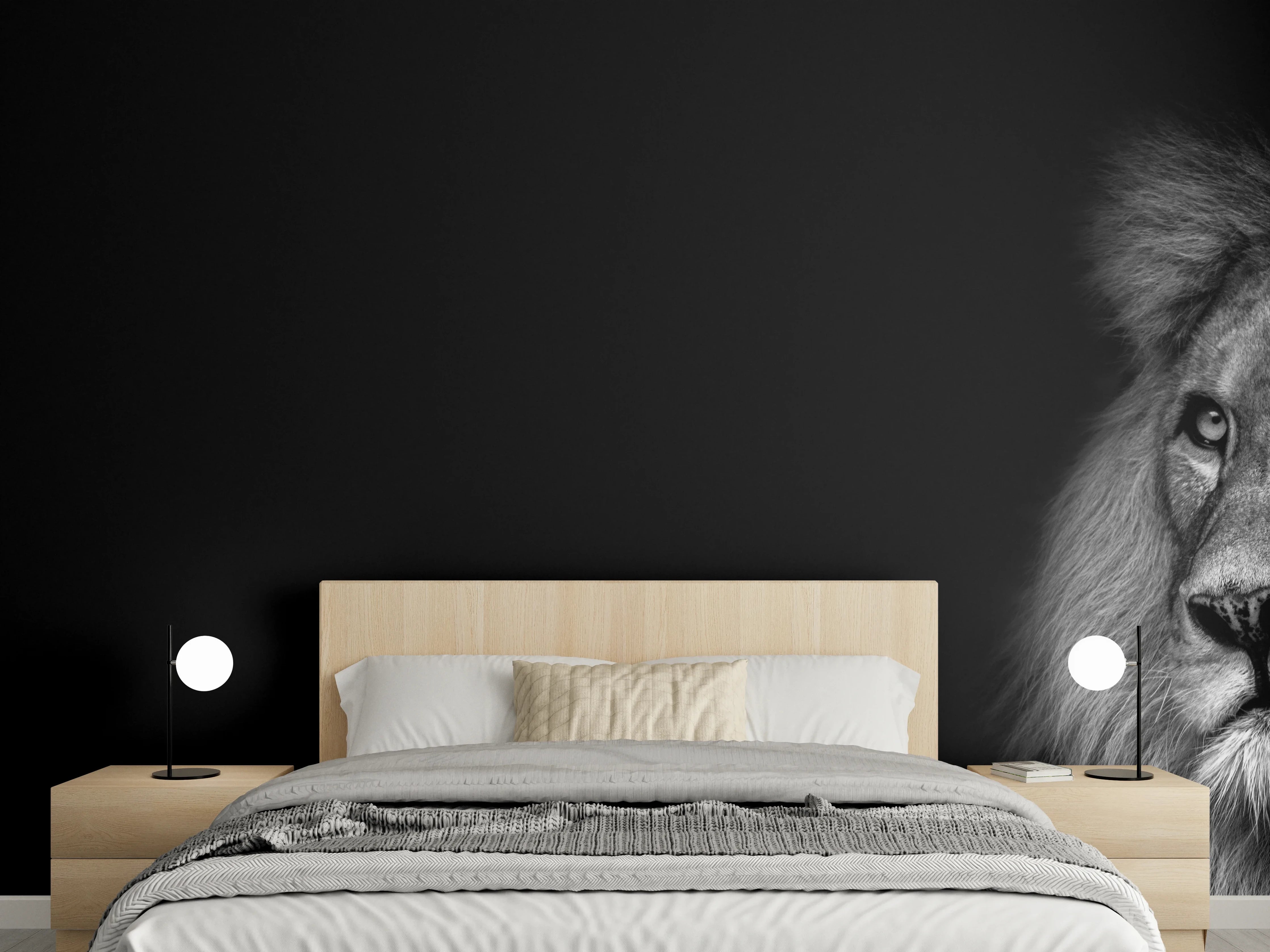 Wandverkleidung Schlafzimmer - Schwarzweiß Löwenporträt Kontrast