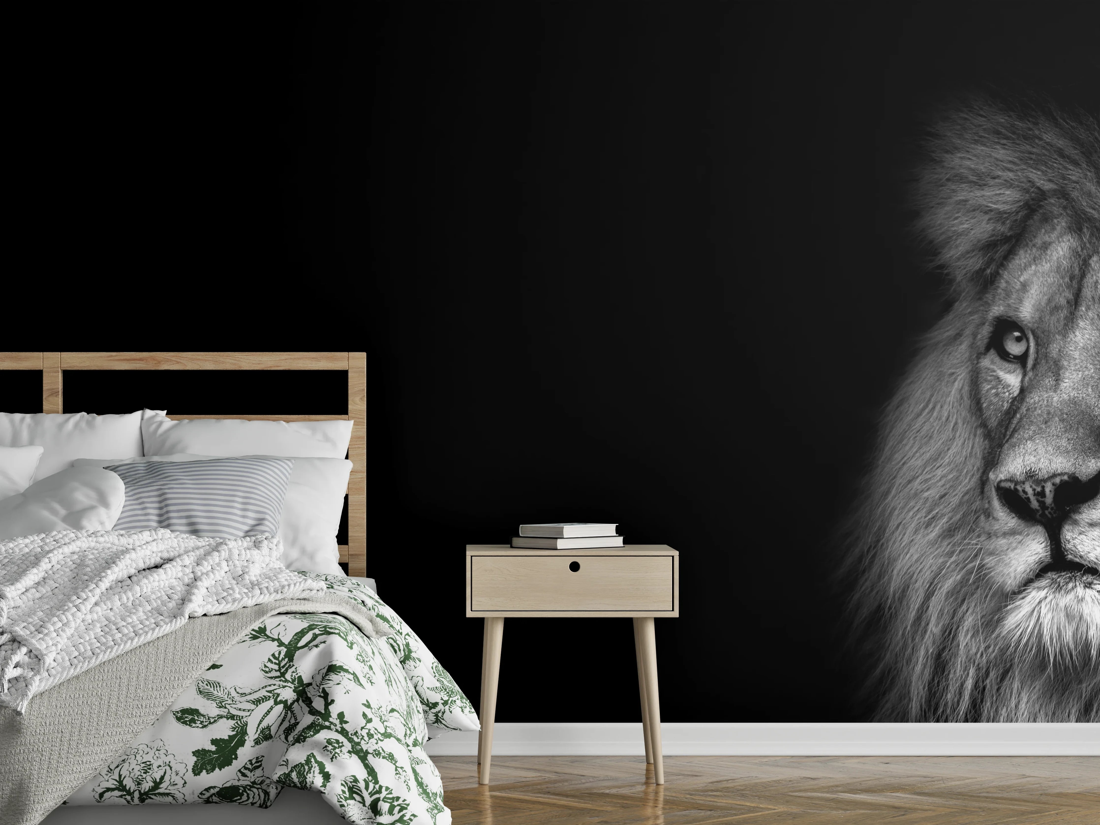 Wandverkleidung Schlafzimmer - Schwarzweiß Löwenporträt Kontrast