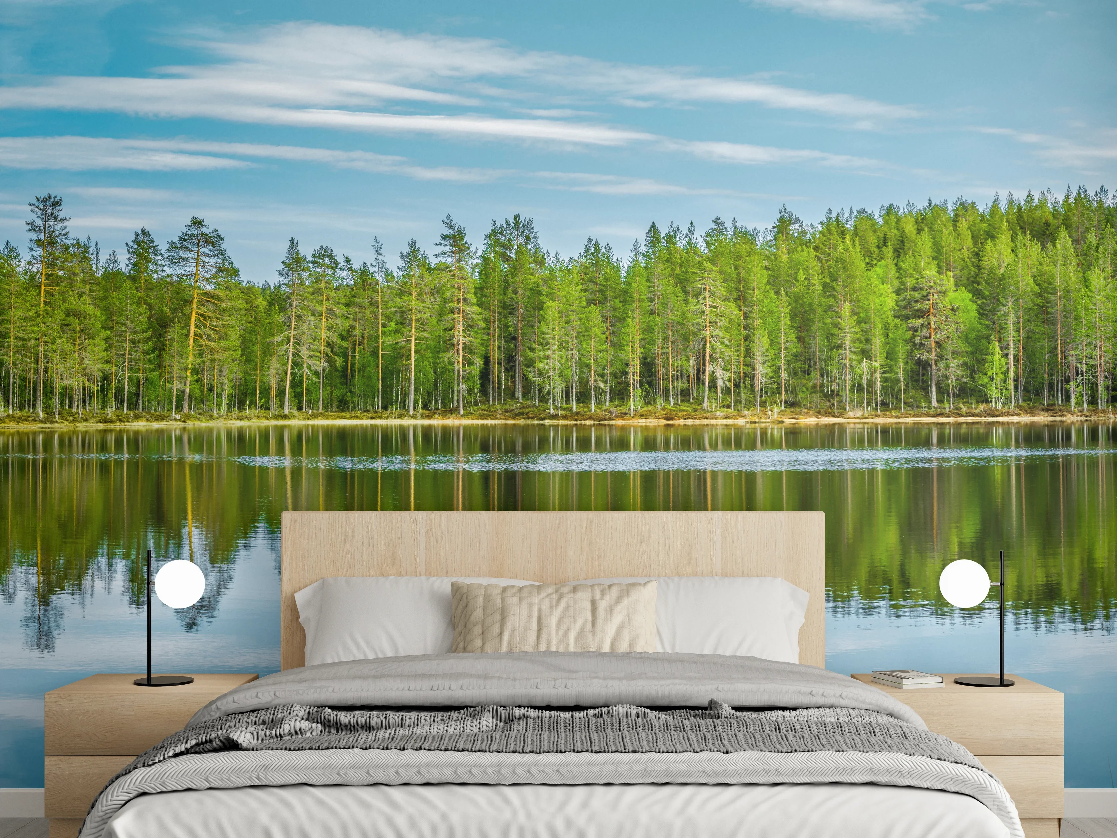Wandverkleidung Schlafzimmer - Schwedisches See-Panorama Grün-Blau