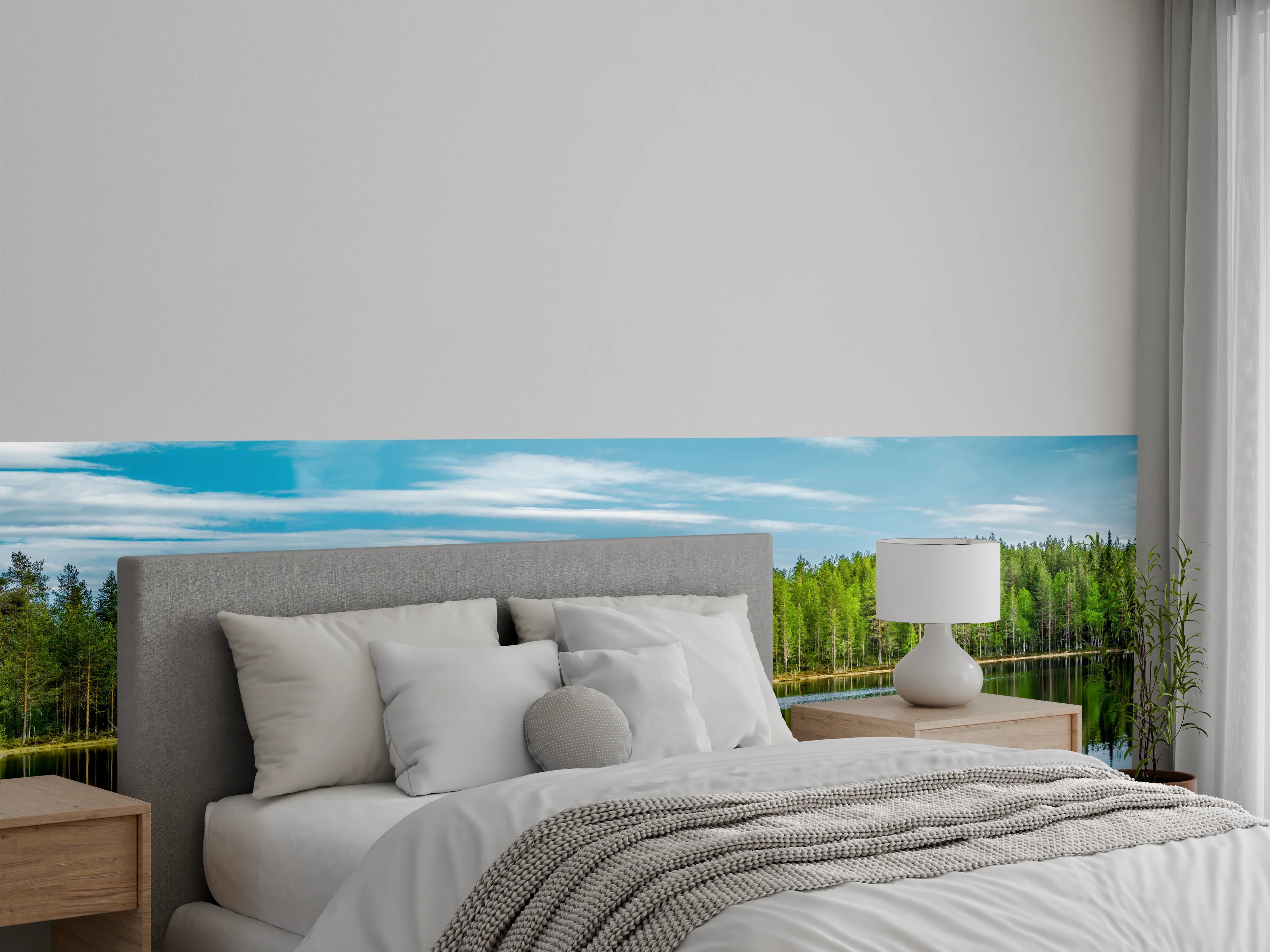 Wandverkleidung Schlafzimmer - Schwedisches See-Panorama Grün-Blau