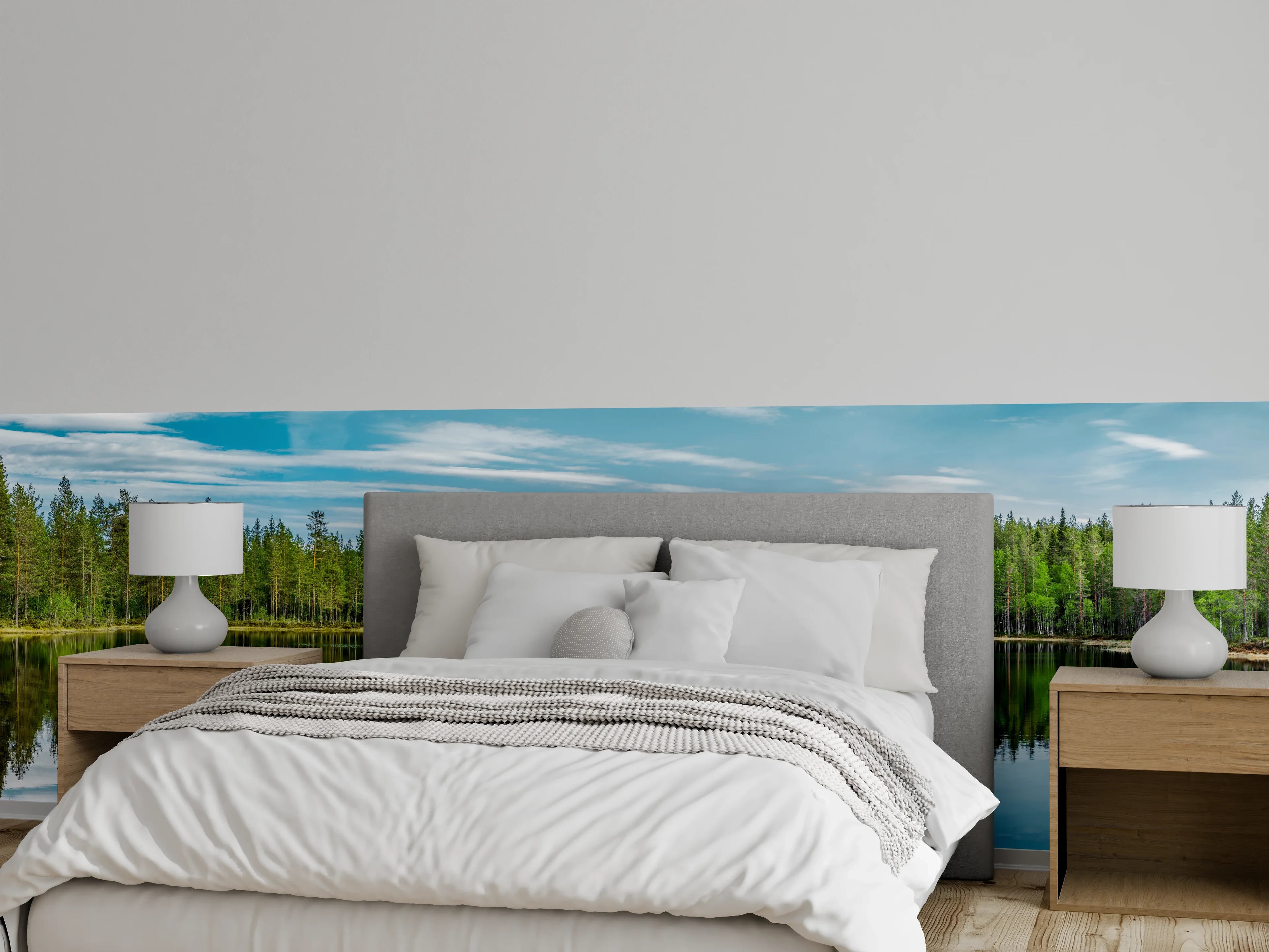 Wandverkleidung Schlafzimmer - Schwedisches See-Panorama Grün-Blau