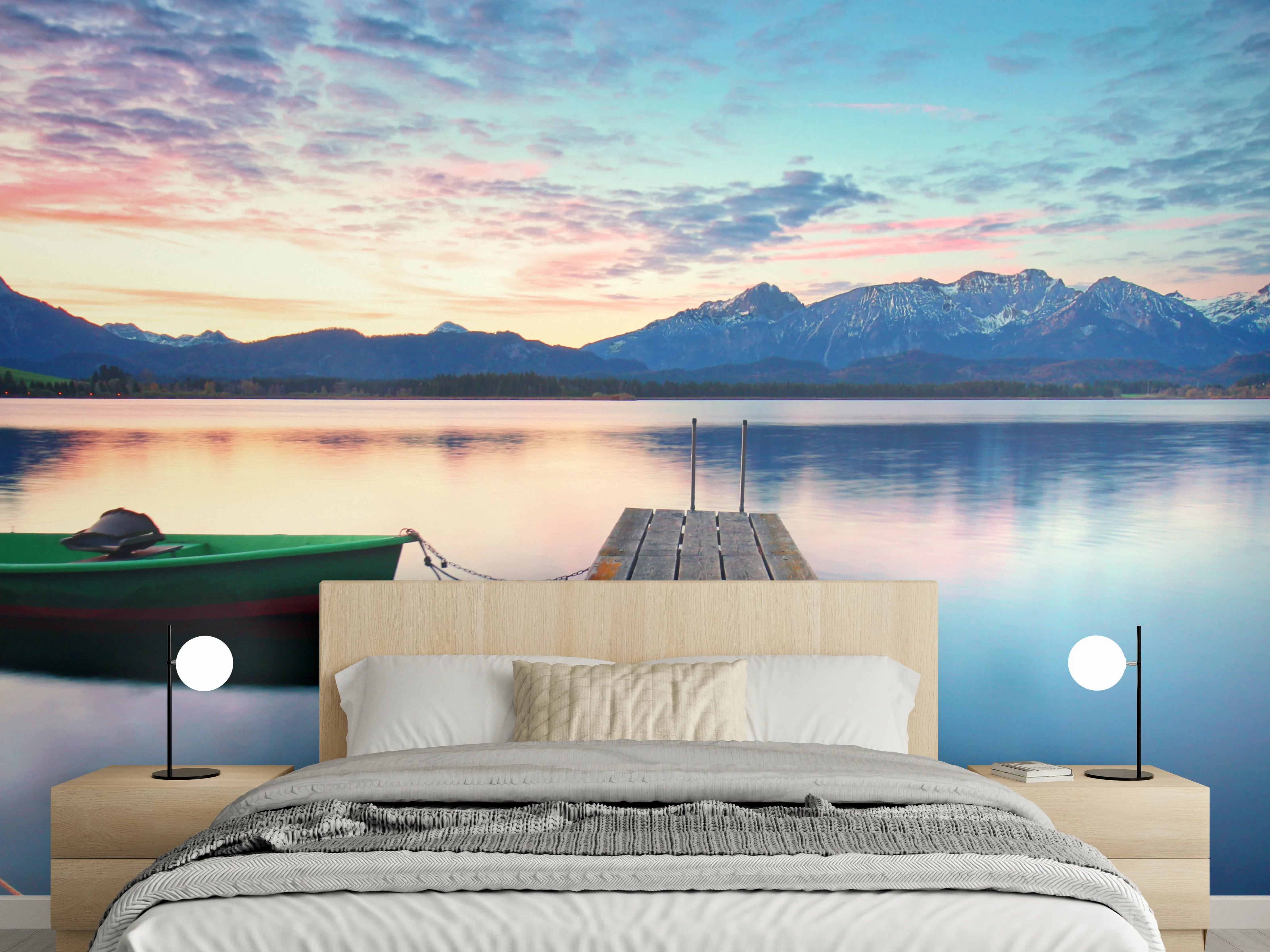 Wandverkleidung Schlafzimmer - See am Steg Sonnenuntergang Berge