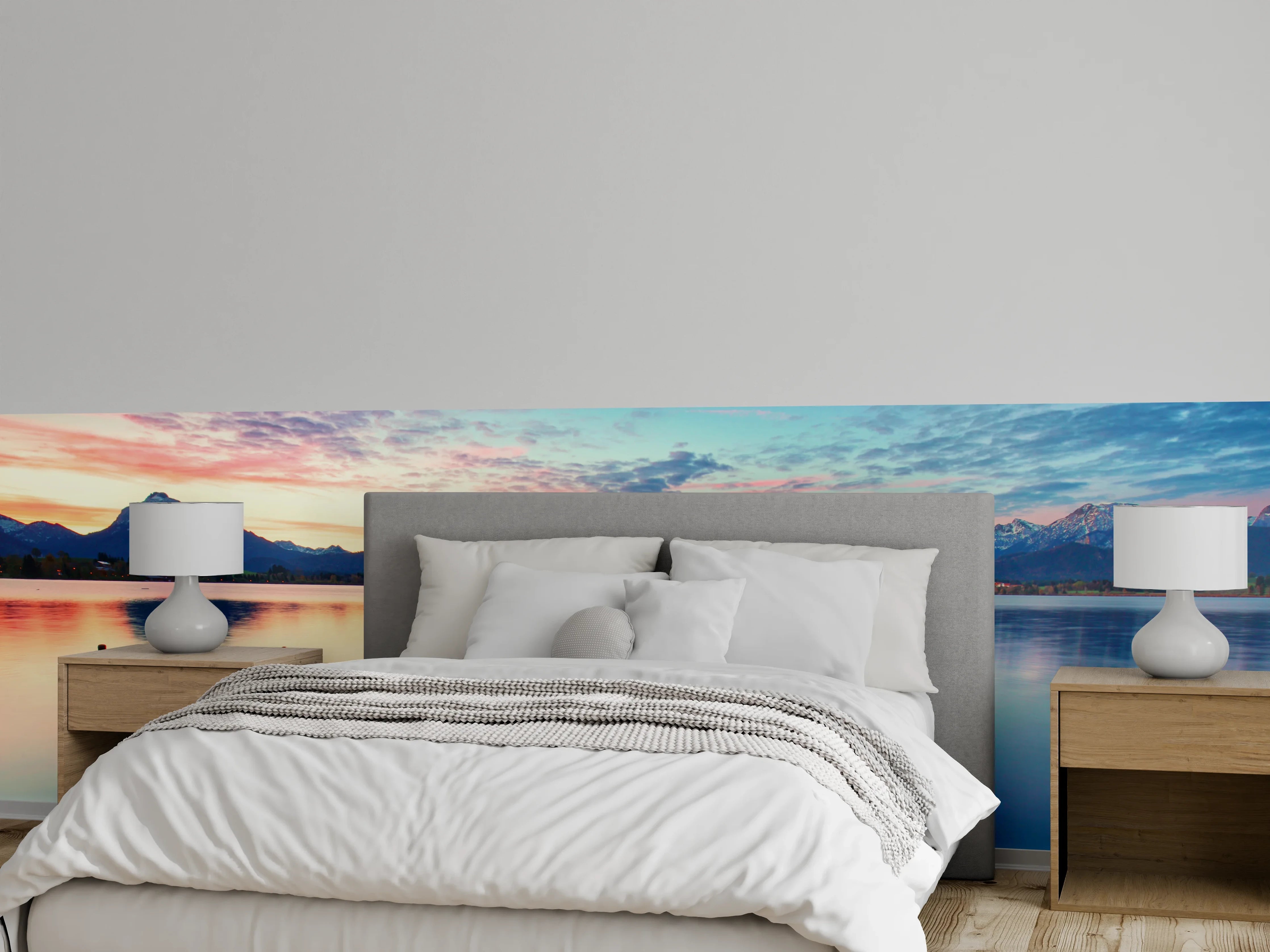 Wandverkleidung Schlafzimmer - See am Steg Sonnenuntergang Berge