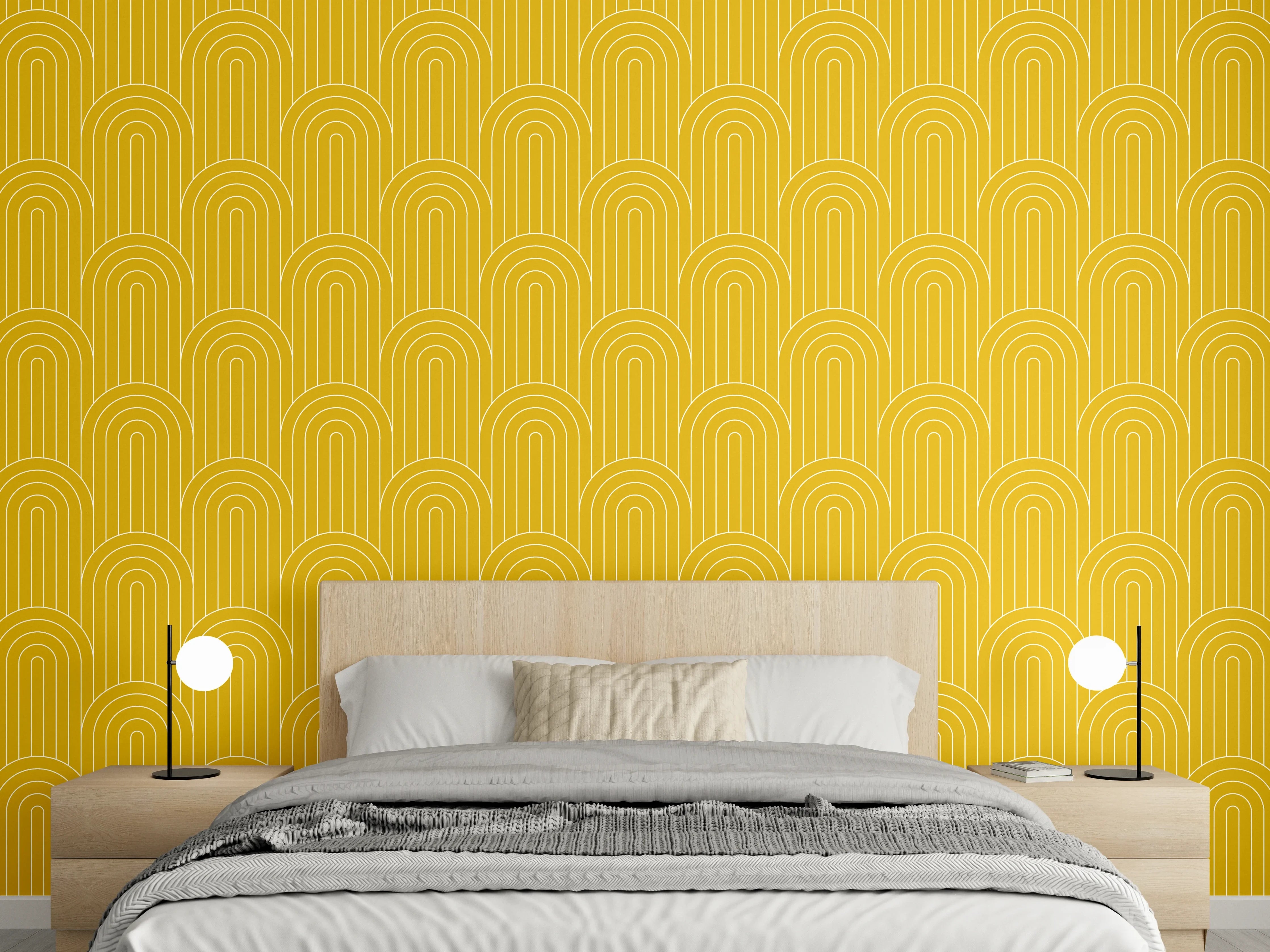 Wandverkleidung Schlafzimmer - Senfgelb-Grau Wanddesign mit Retro-Flair