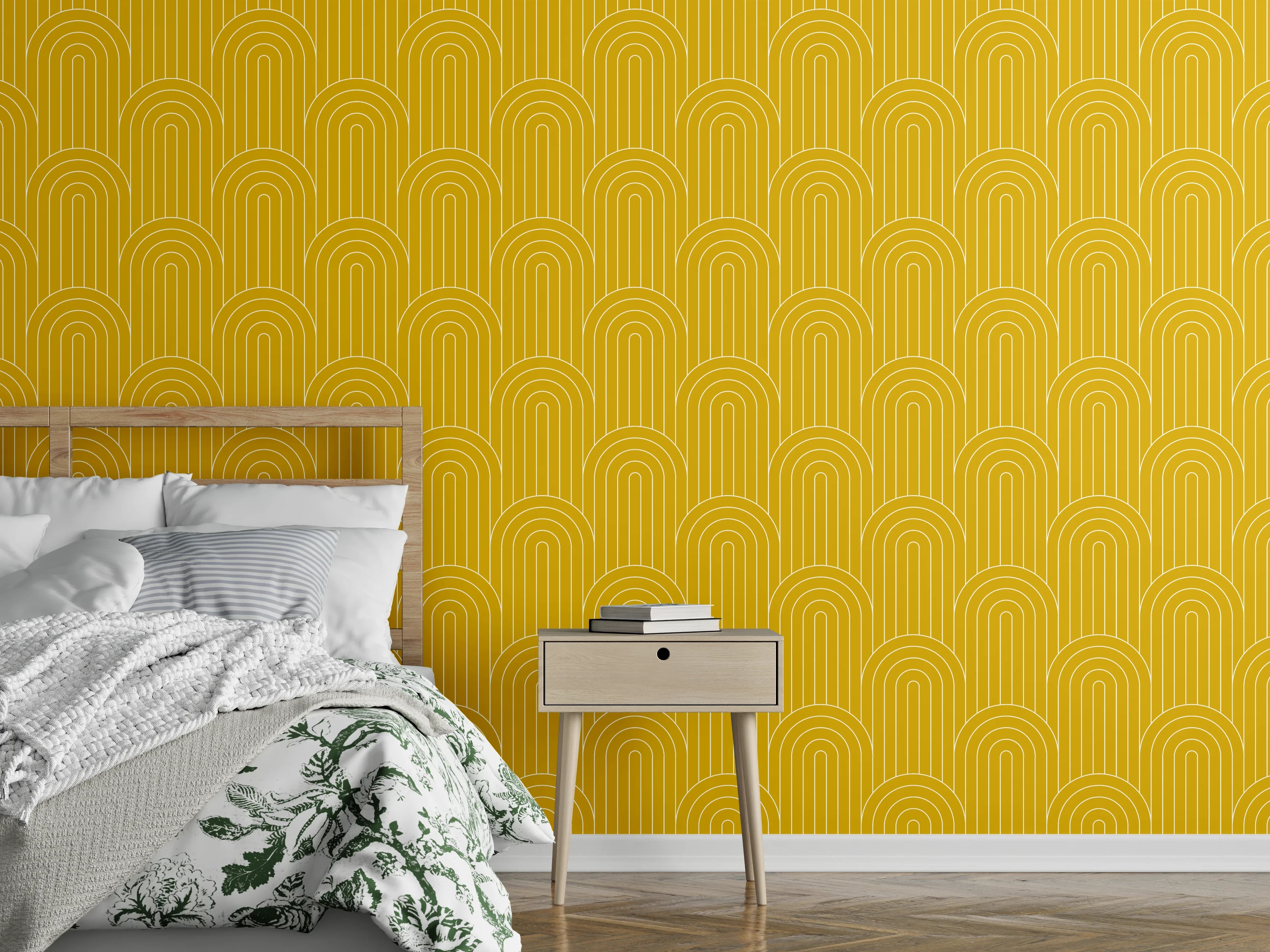 Wandverkleidung Schlafzimmer - Senfgelb-Grau Wanddesign mit Retro-Flair