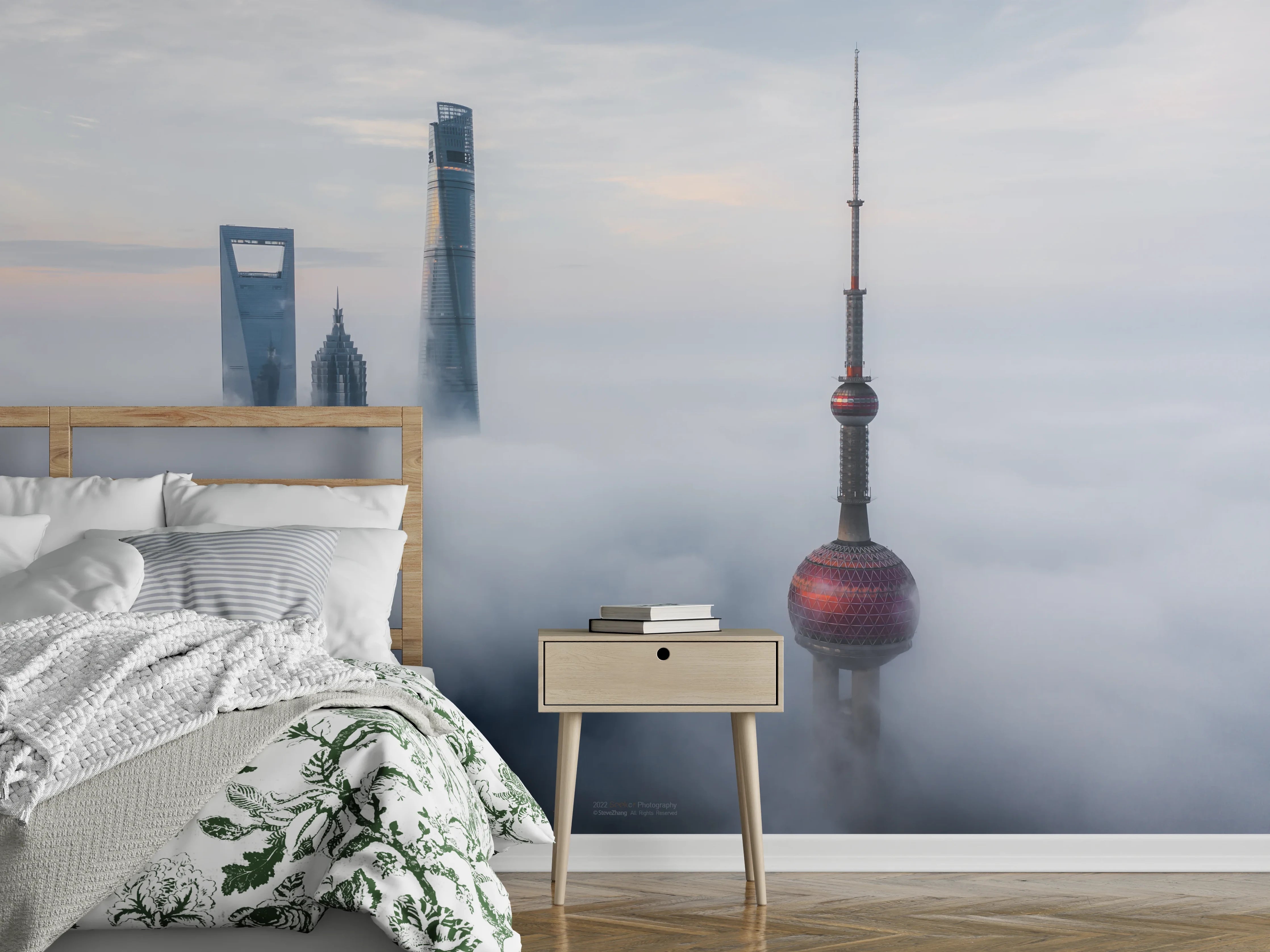 Wandverkleidung Schlafzimmer - Shanghai Skyline im Nebelpanorama