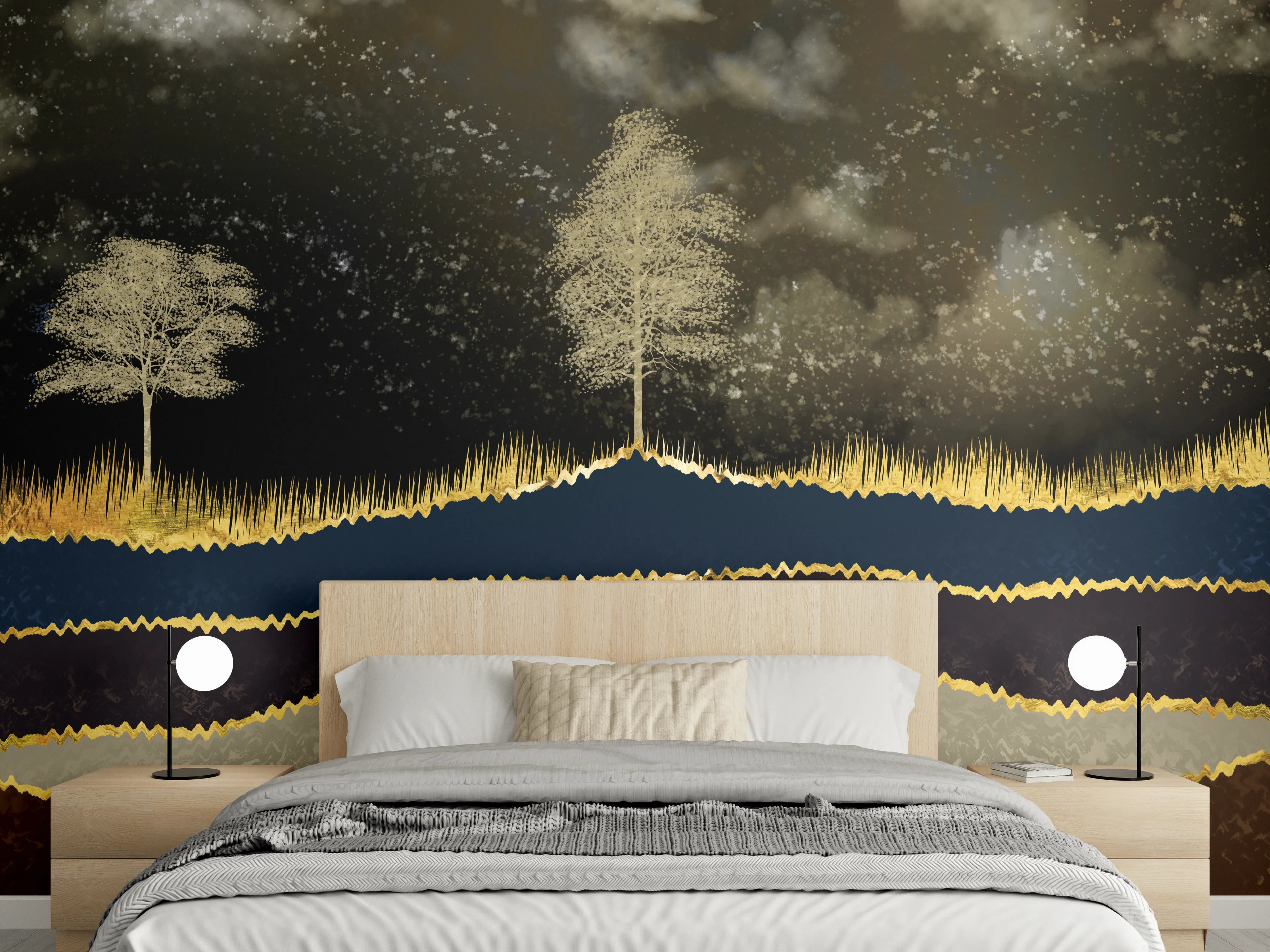 Wandverkleidung Schlafzimmer - Silbergraue Hirschträume im Birkenhain