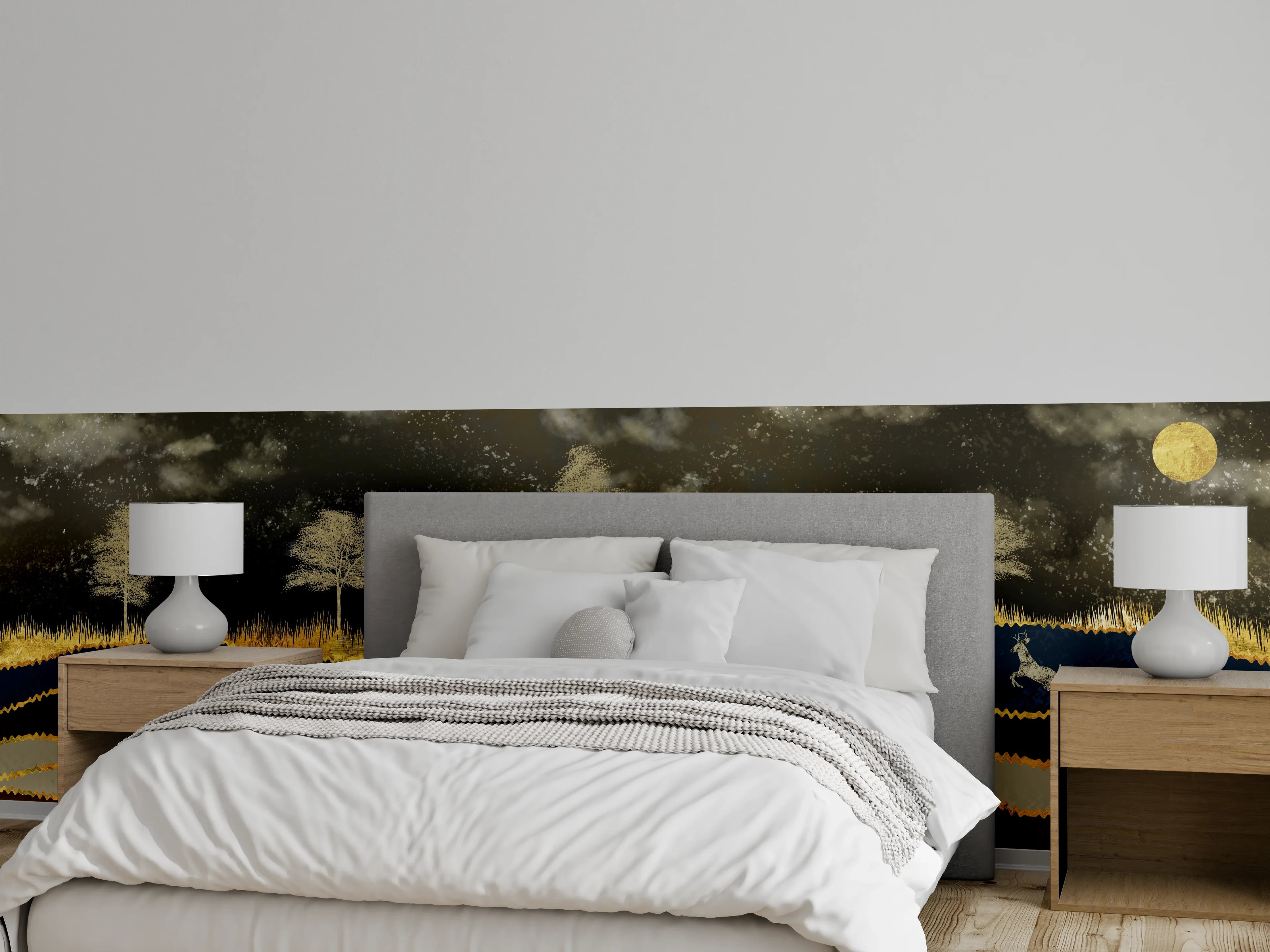 Wandverkleidung Schlafzimmer - Silbergraue Hirschträume im Birkenhain