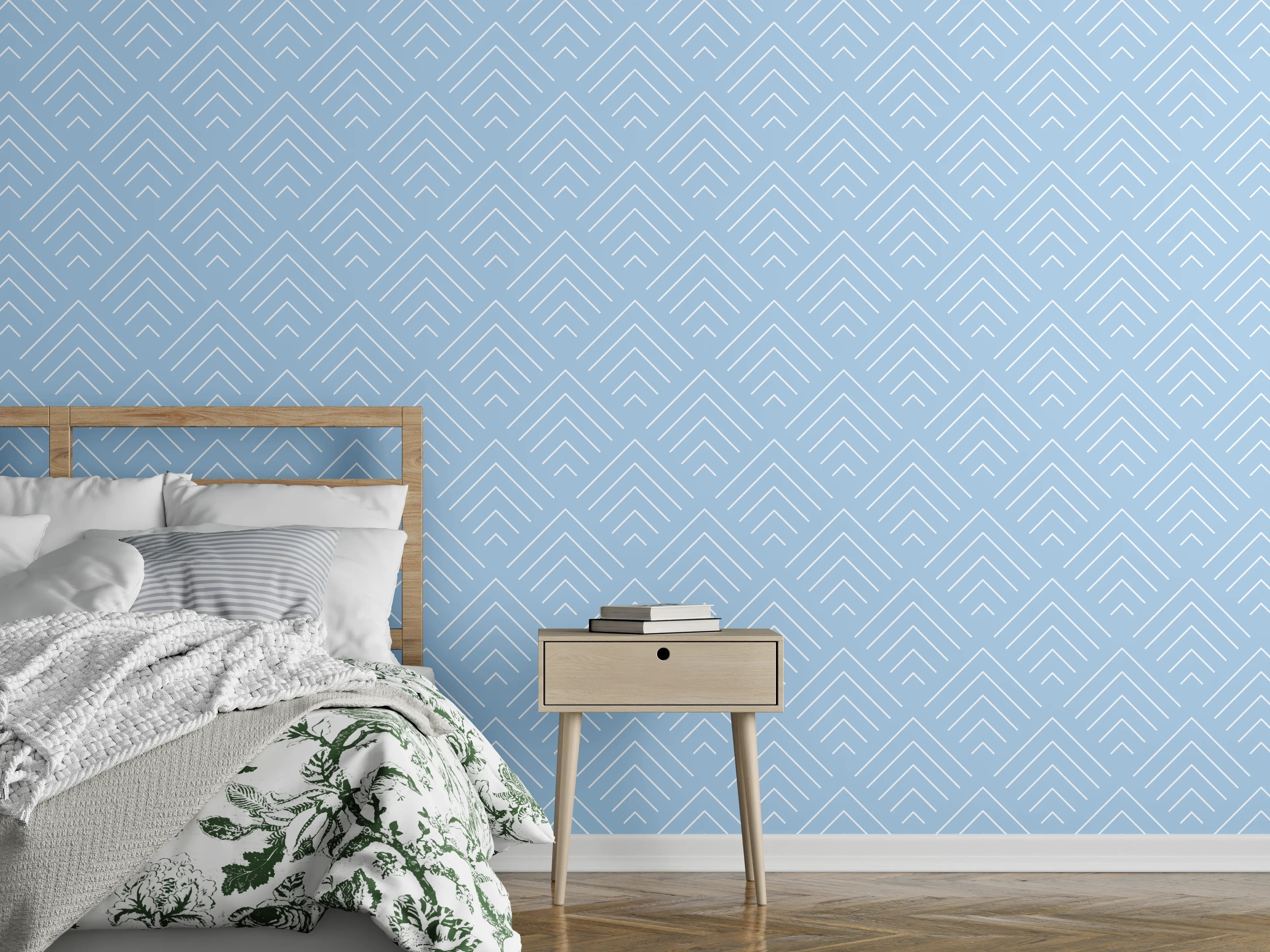 Wandverkleidung Schlafzimmer - Silbergraue Strukturen auf Blassblau