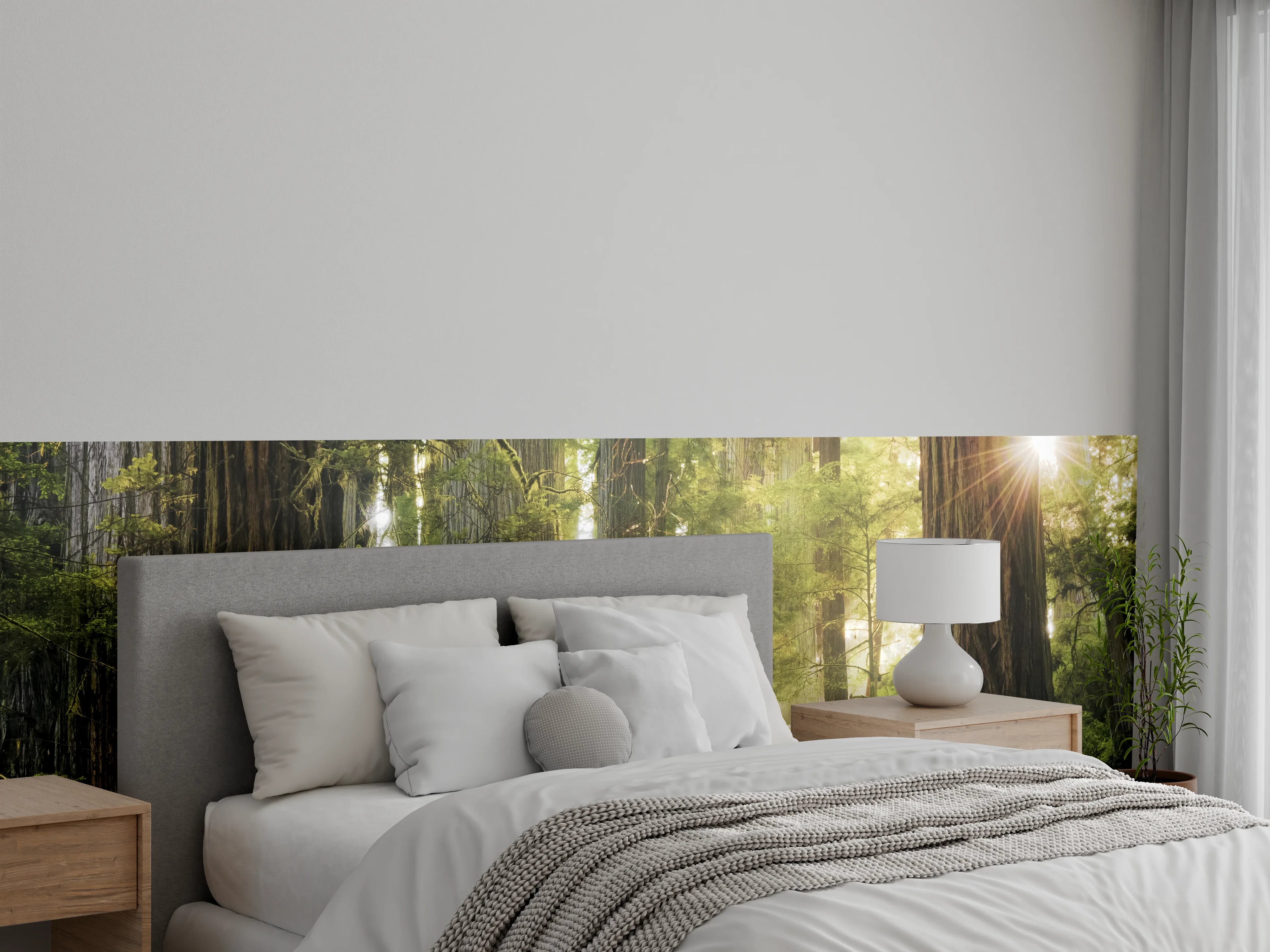 Wandverkleidung Schlafzimmer - Silbergrauer Zauberwald im Licht