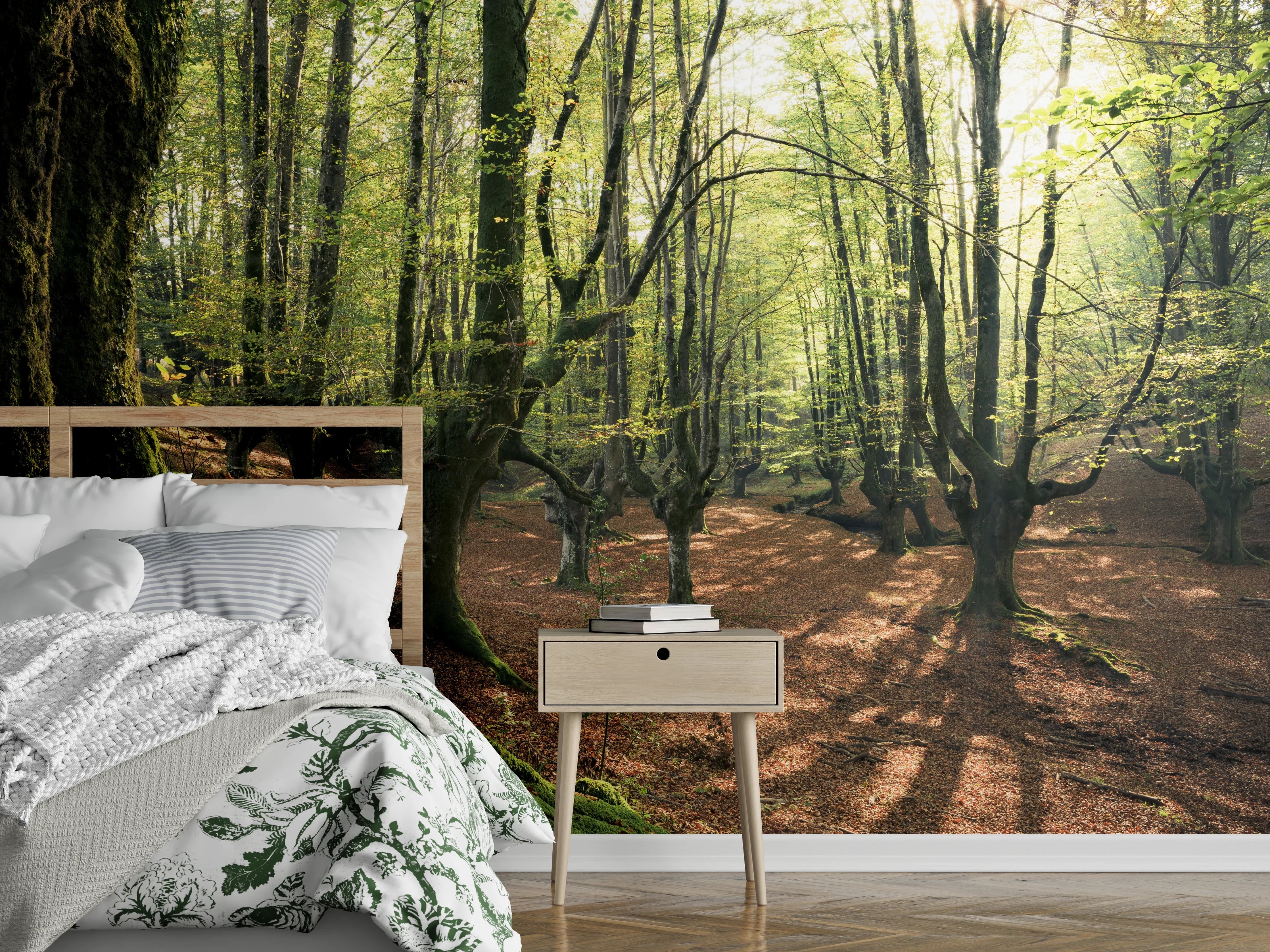 Wandverkleidung Schlafzimmer - Silberne Lichtschleier im Nebelwald