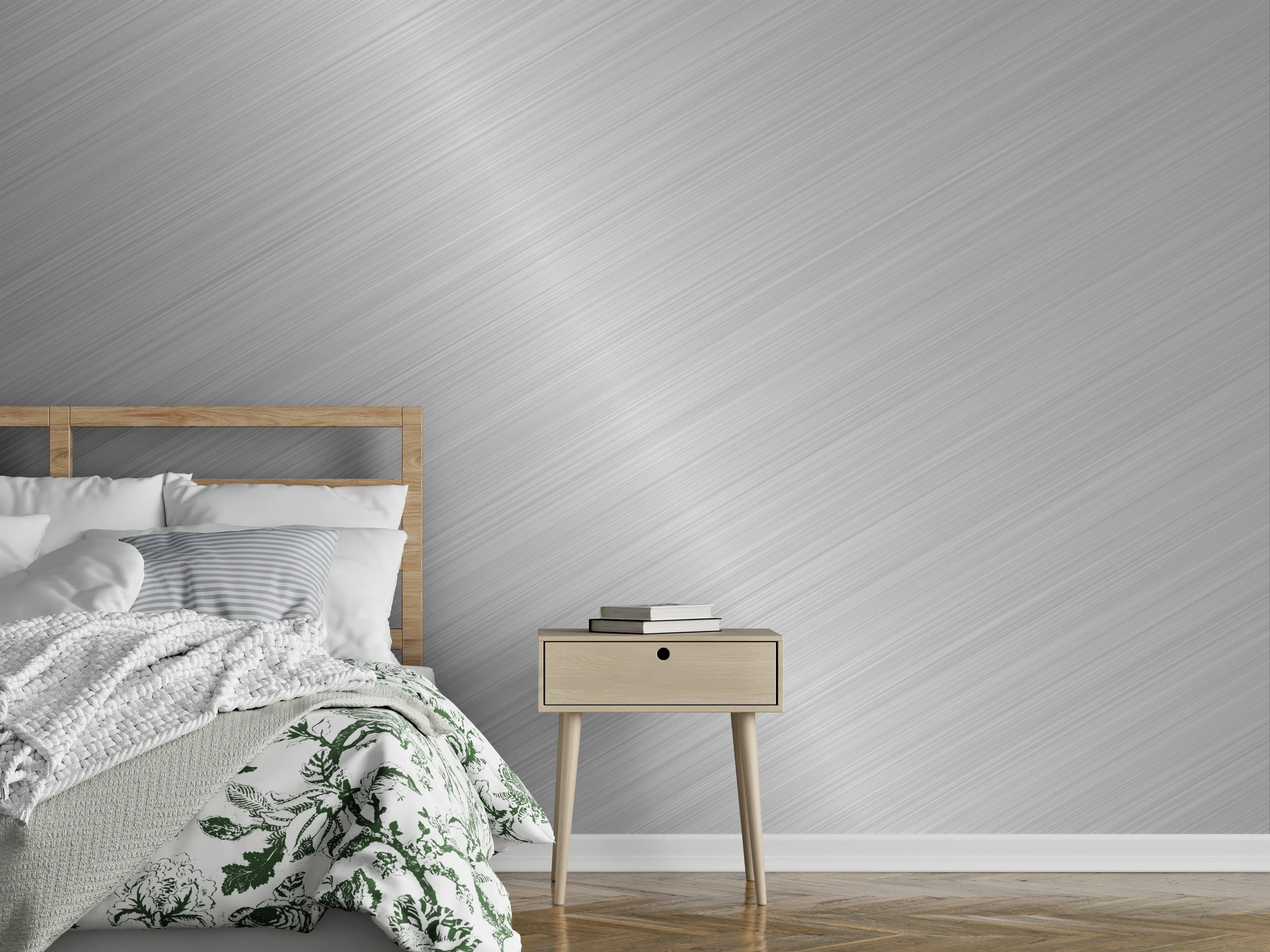 Wandverkleidung Schlafzimmer - Silberne Metalloptik mit strukturierter Oberfläche