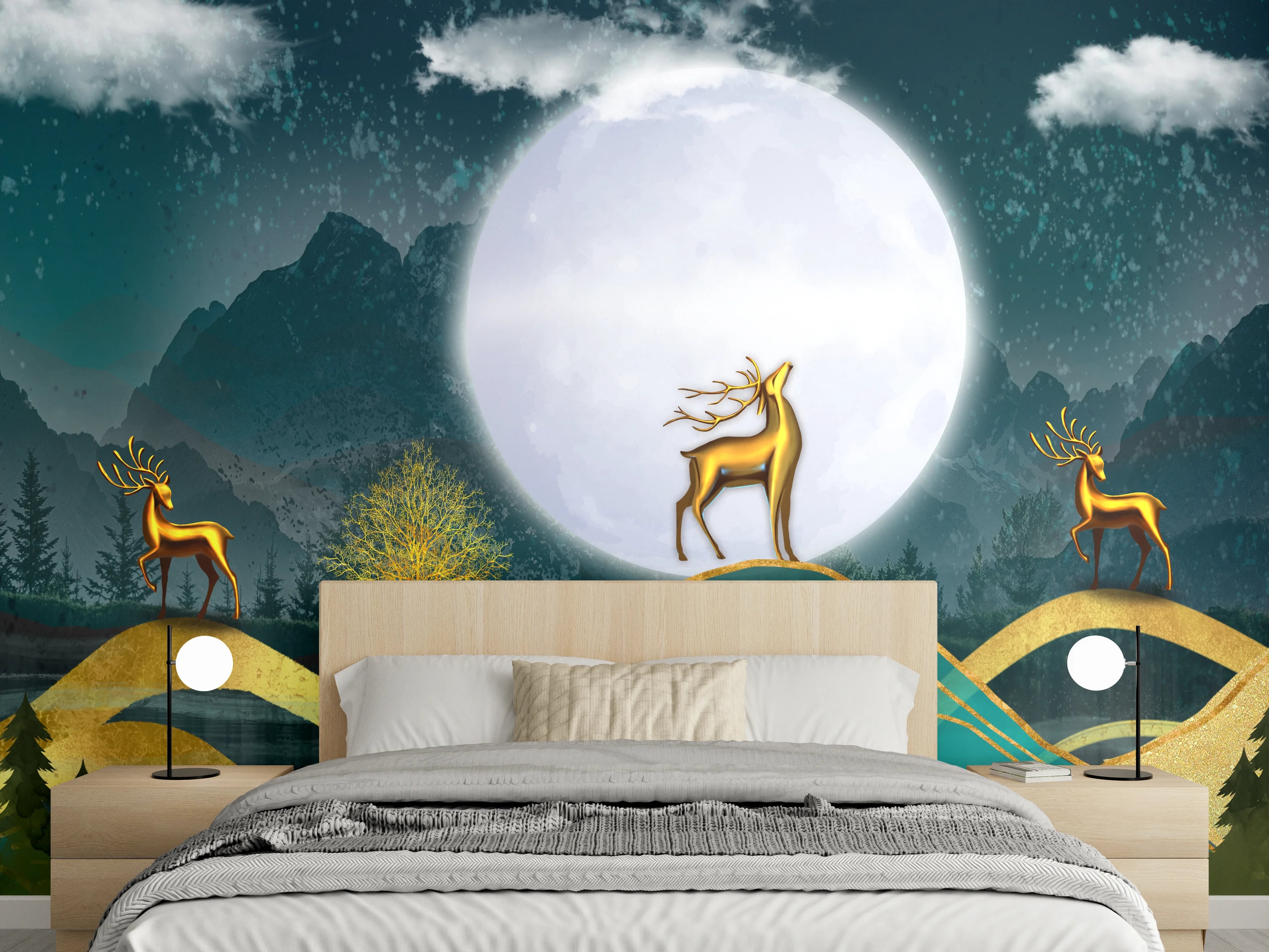 Wandverkleidung Schlafzimmer - Silberne Rehe in Nebellicht