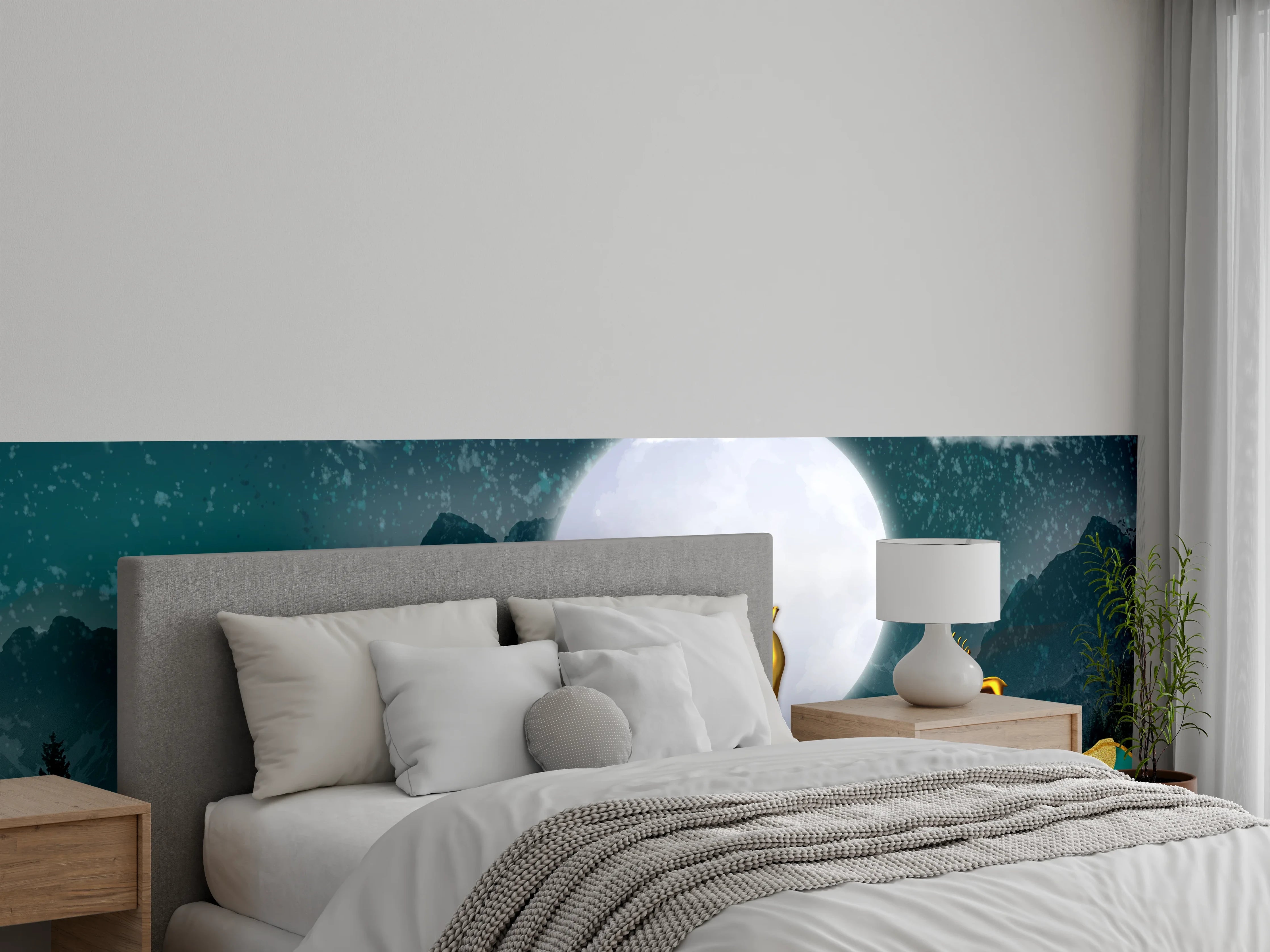 Wandverkleidung Schlafzimmer - Silberne Rehe in Nebellicht