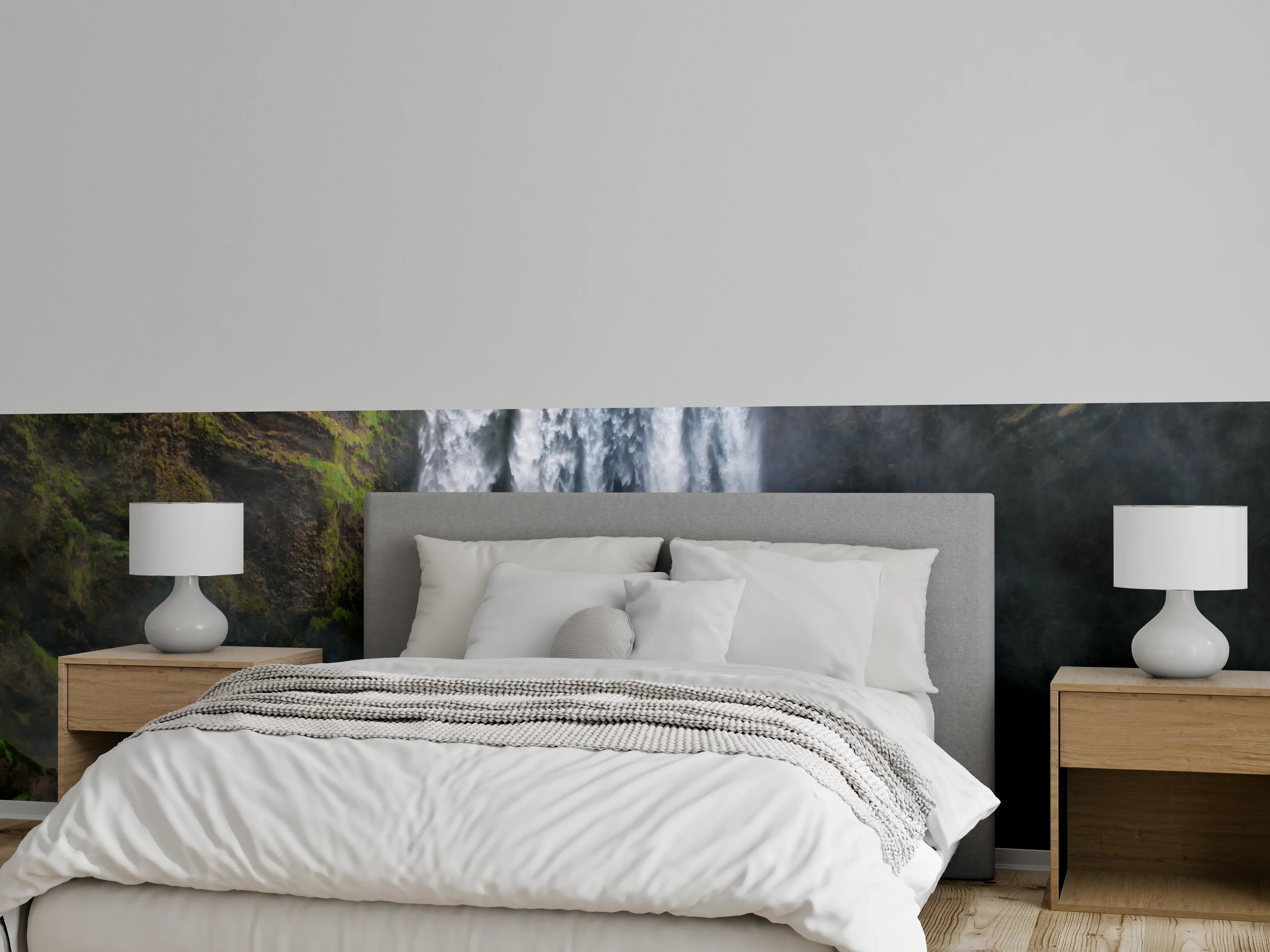 Wandverkleidung Schlafzimmer - Silberne Wasserfluten vor Nebelgrau