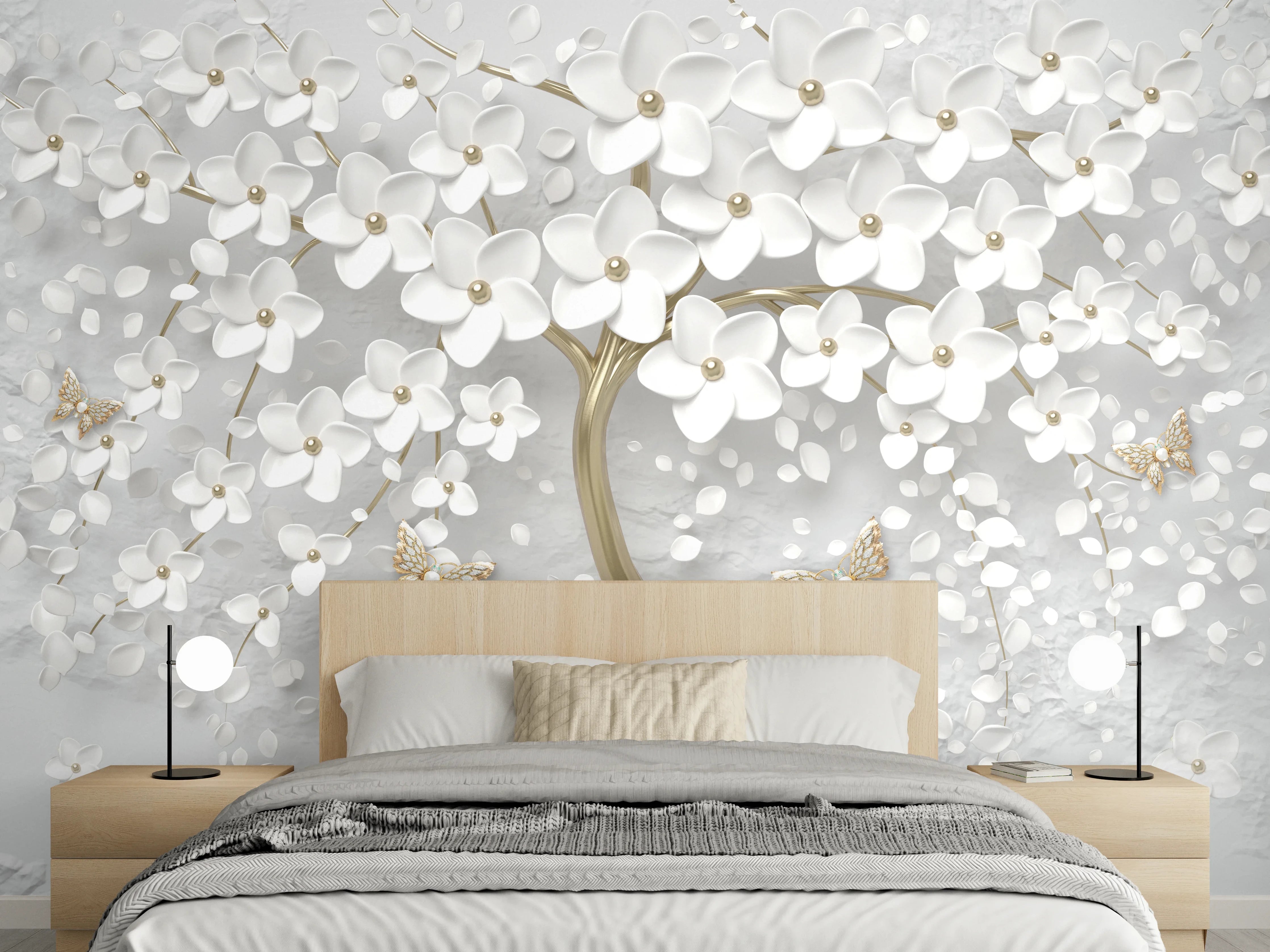 Wandverkleidung Schlafzimmer - Silberner Baum - Floral