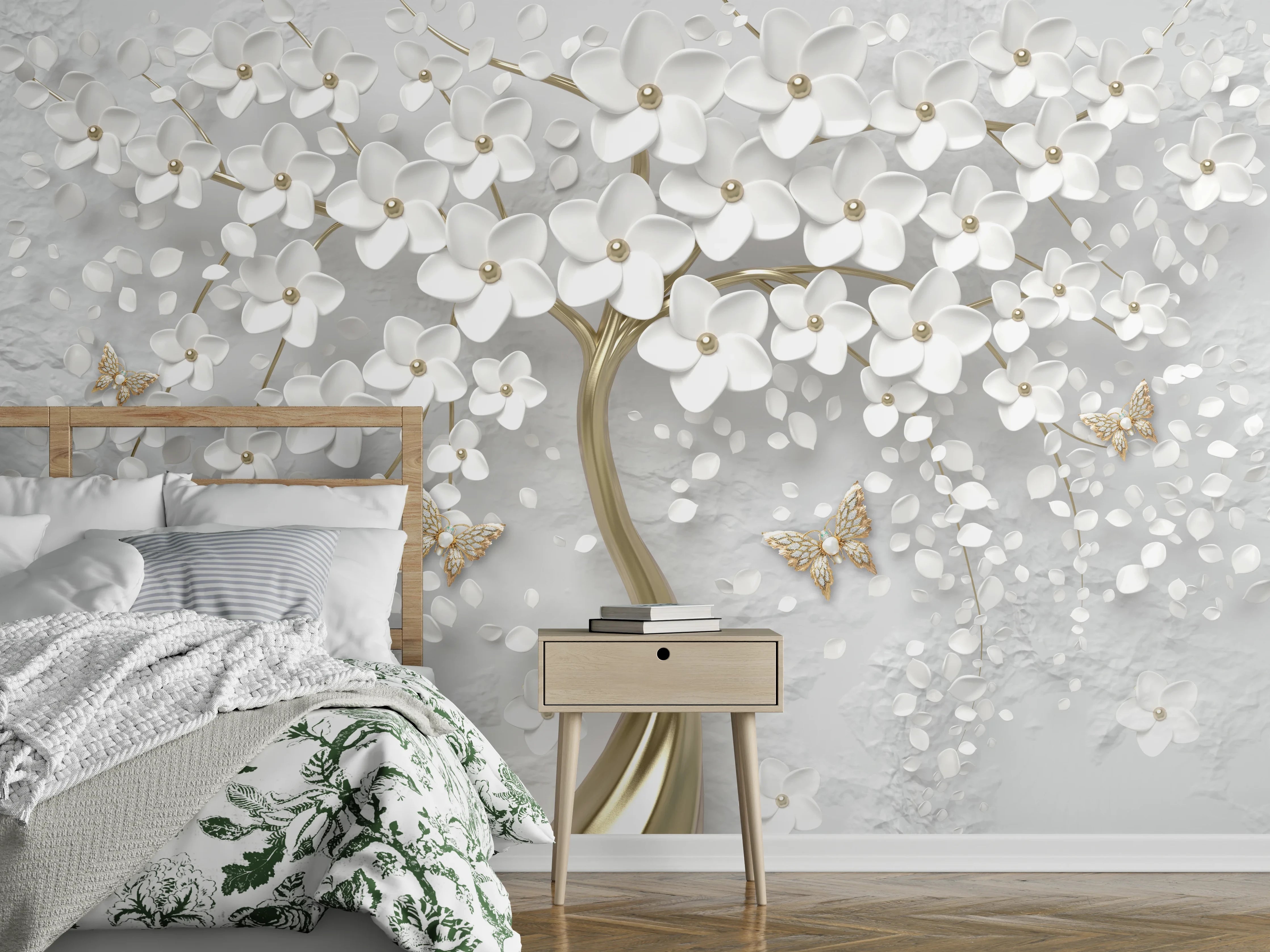 Wandverkleidung Schlafzimmer - Silberner Baum - Floral