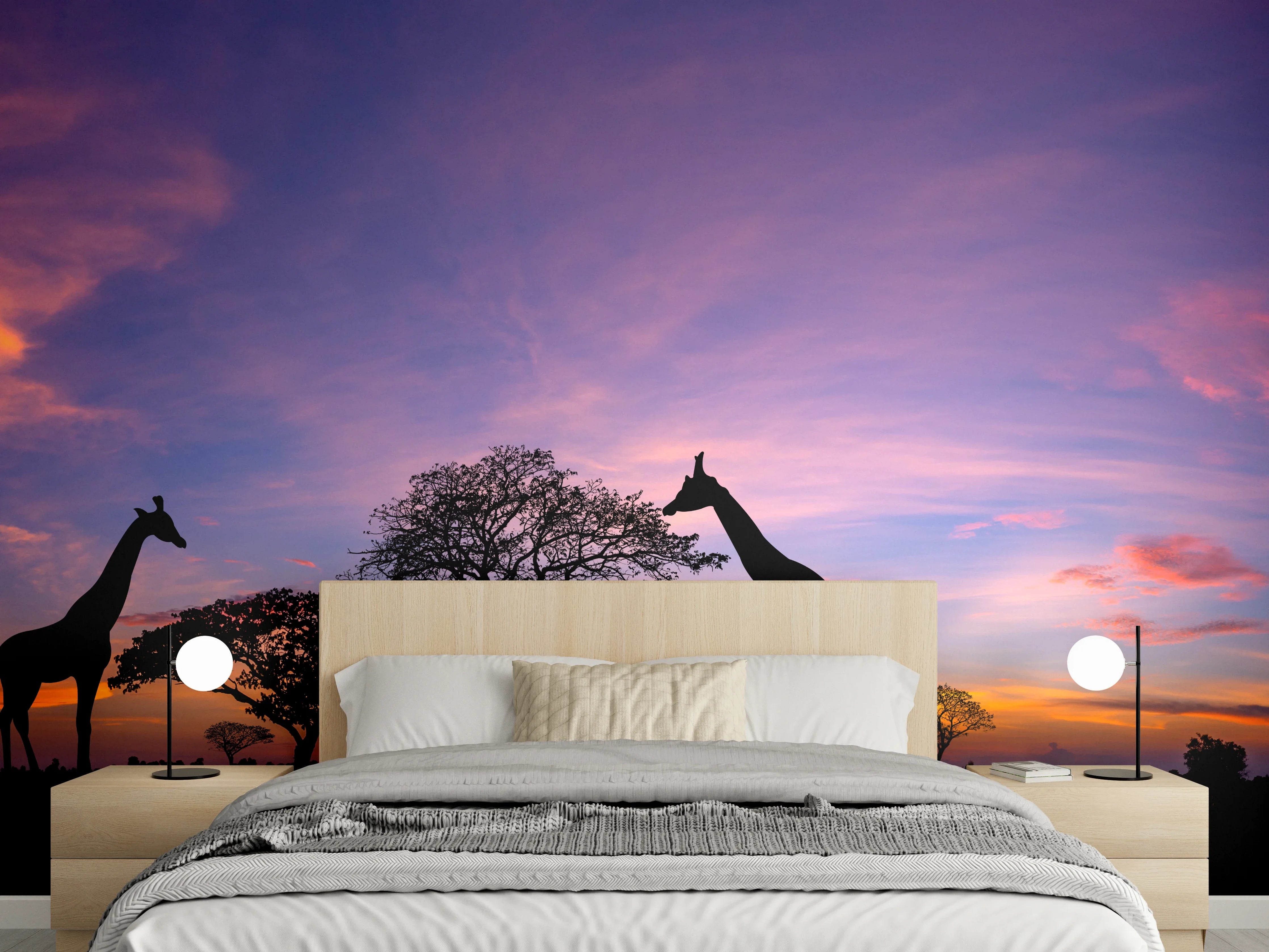 Wandverkleidung Schlafzimmer - Silhouette - Giraffenfamilie bei Sonnenuntergang
