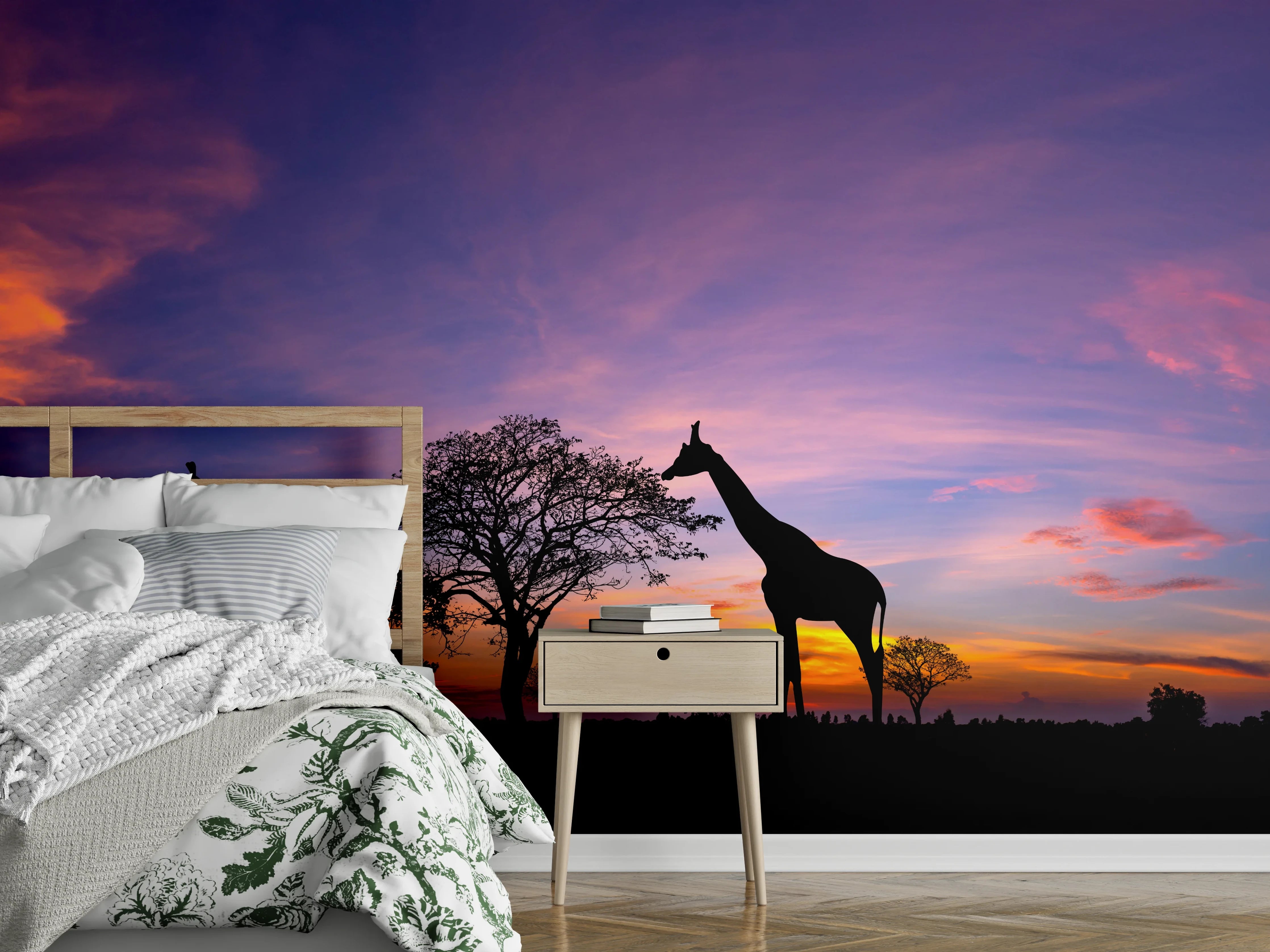 Wandverkleidung Schlafzimmer - Silhouette - Giraffenfamilie bei Sonnenuntergang