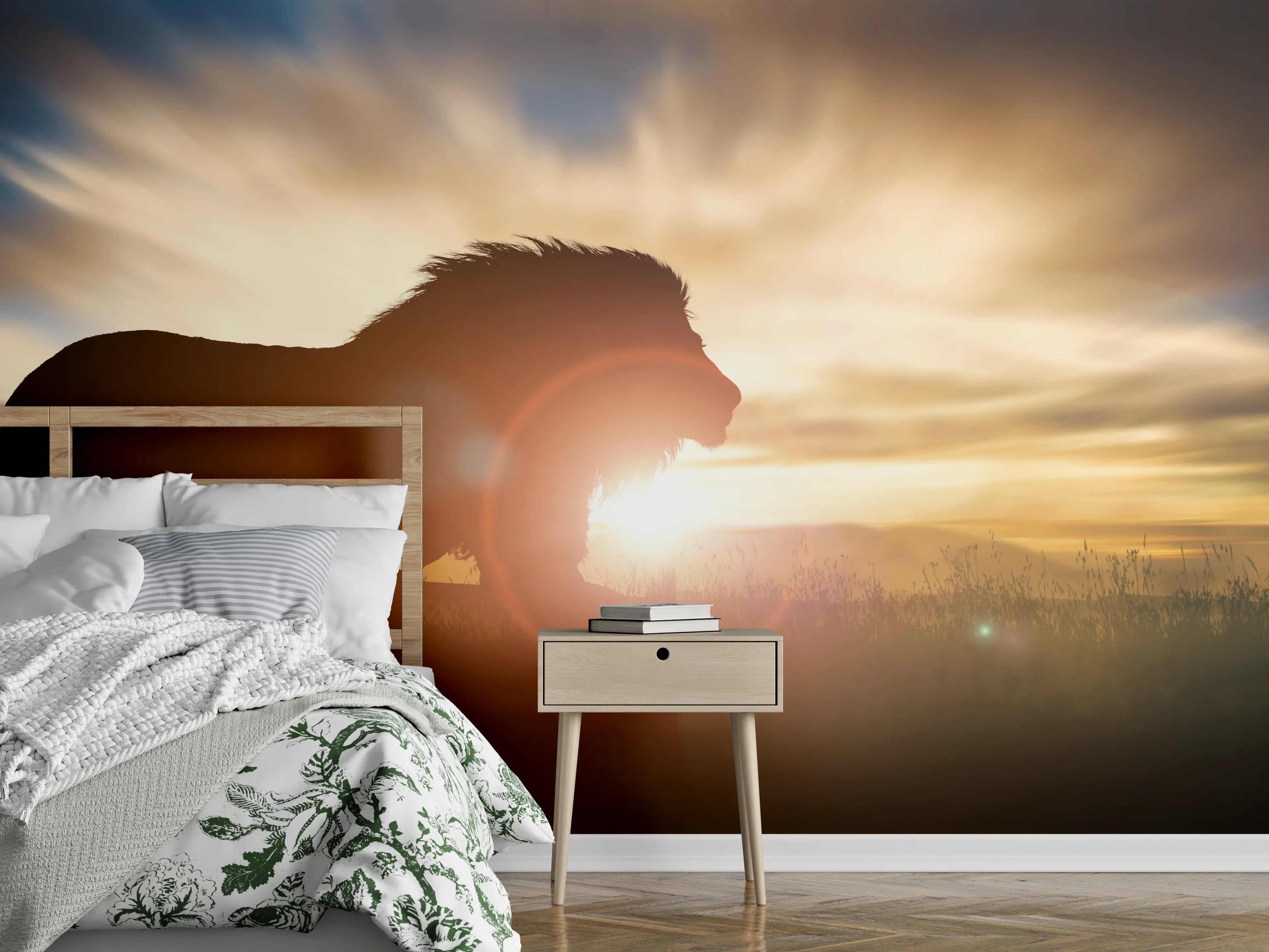Wandverkleidung Schlafzimmer - Silhouette eines großen erwachsenen Löwen in Afrika