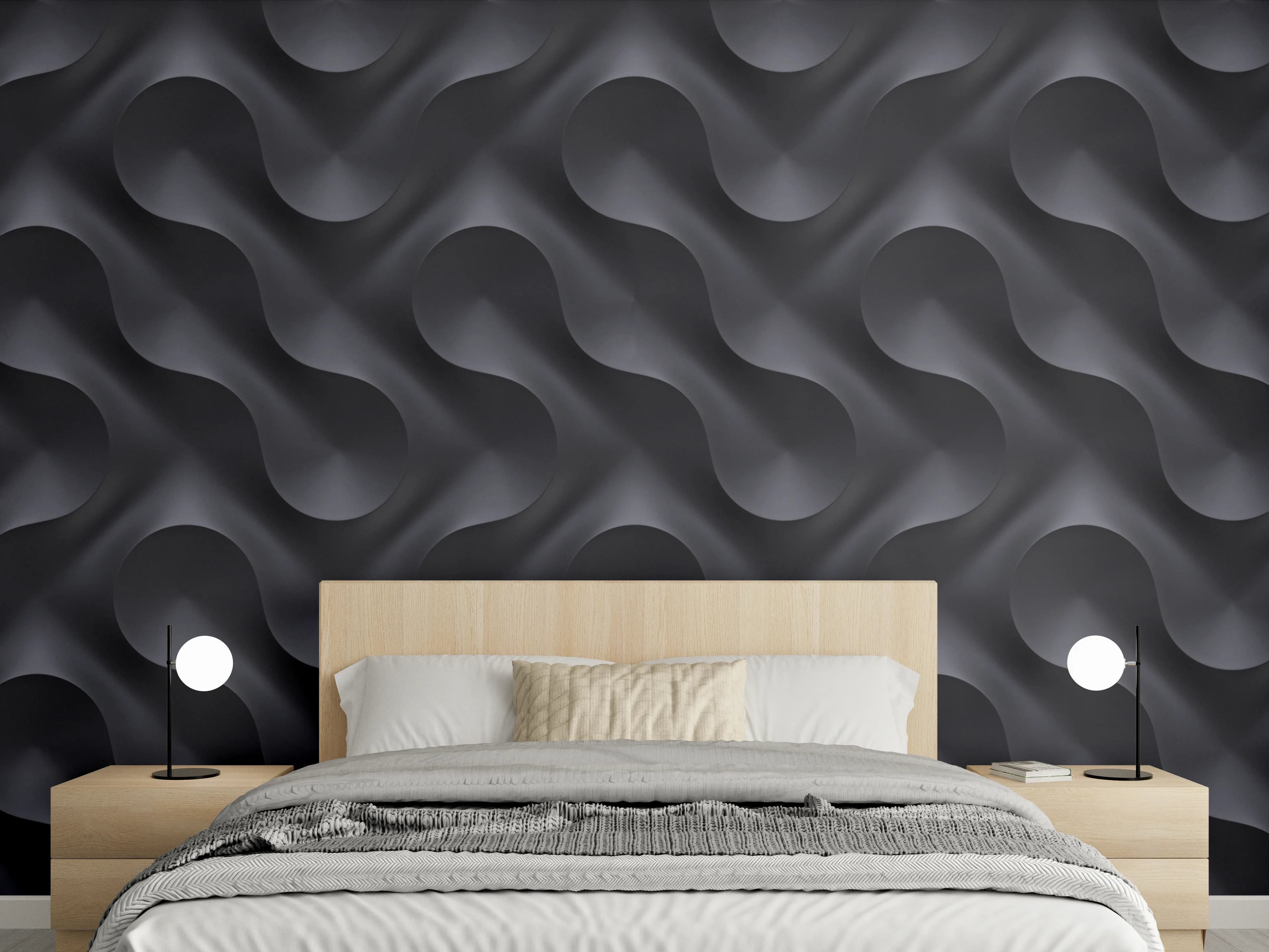 Wandverkleidung Schlafzimmer - Sinnliches 3D-Muster in elegantem Schwarz