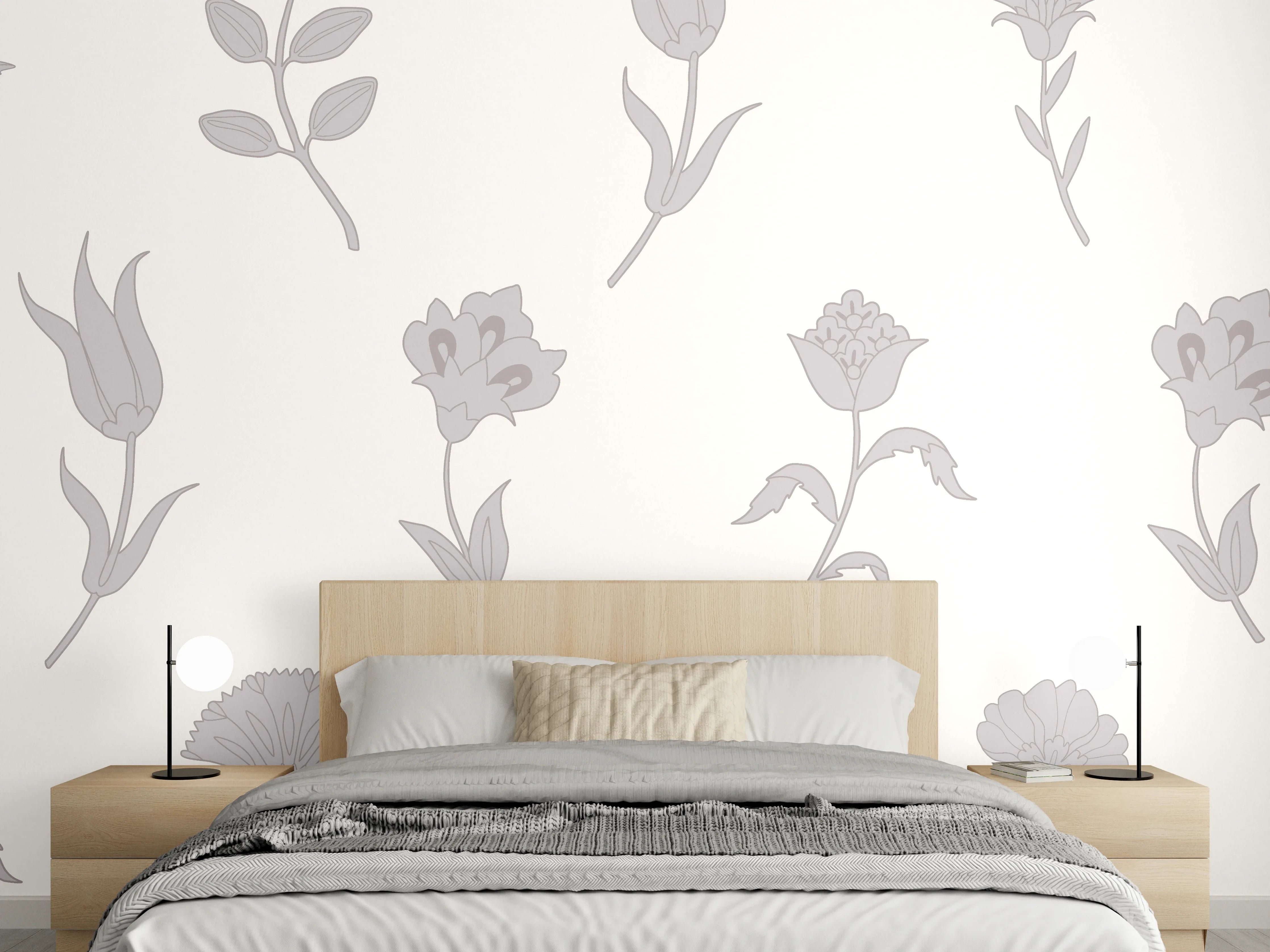 Wandverkleidung Schlafzimmer - Skandinavisches Blütenmuster in Weiß-Grau