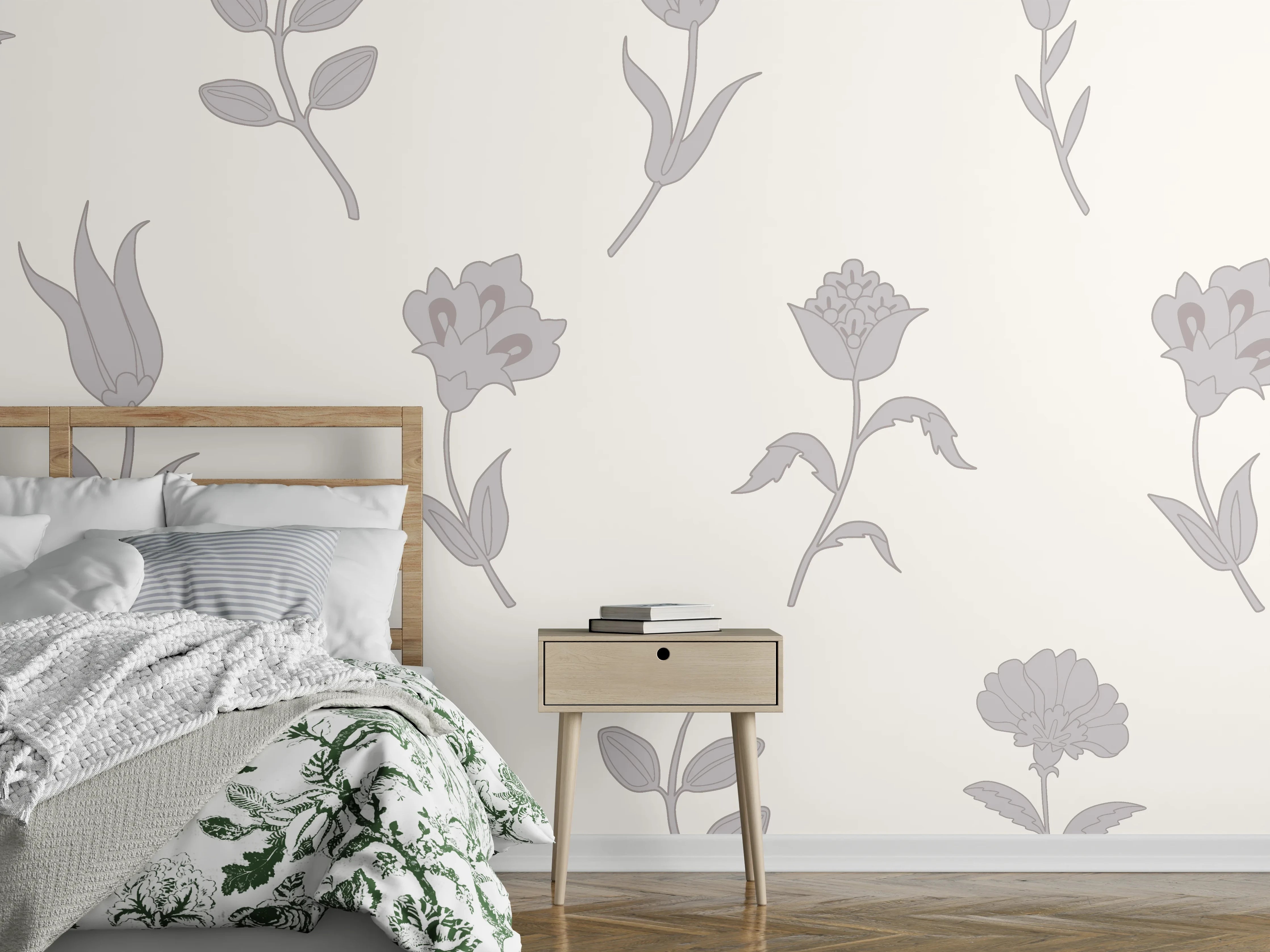 Wandverkleidung Schlafzimmer - Skandinavisches Blütenmuster in Weiß-Grau