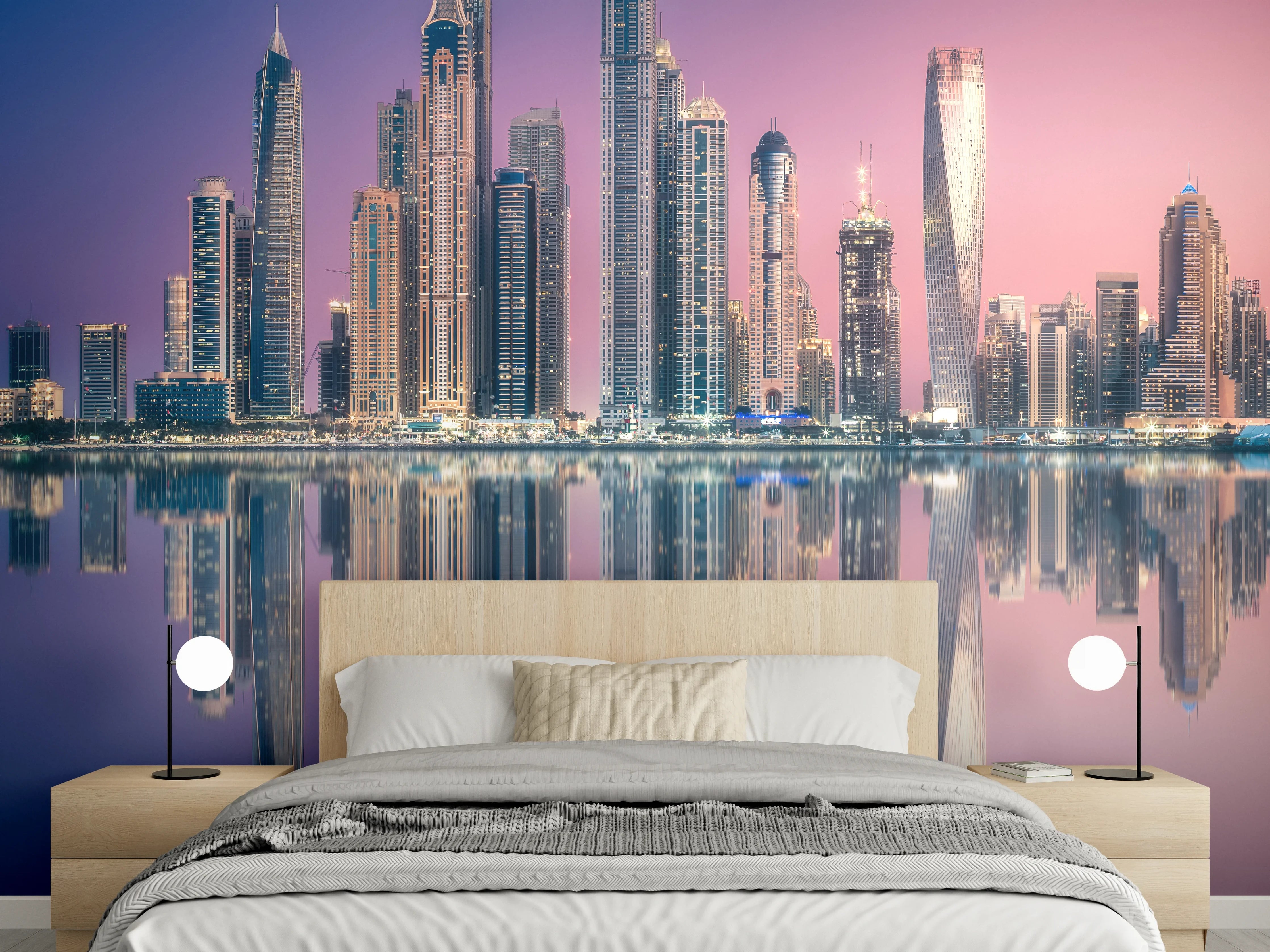 Wandverkleidung Schlafzimmer - Skyline bei Sonnenaufgang – moderne Eleganz