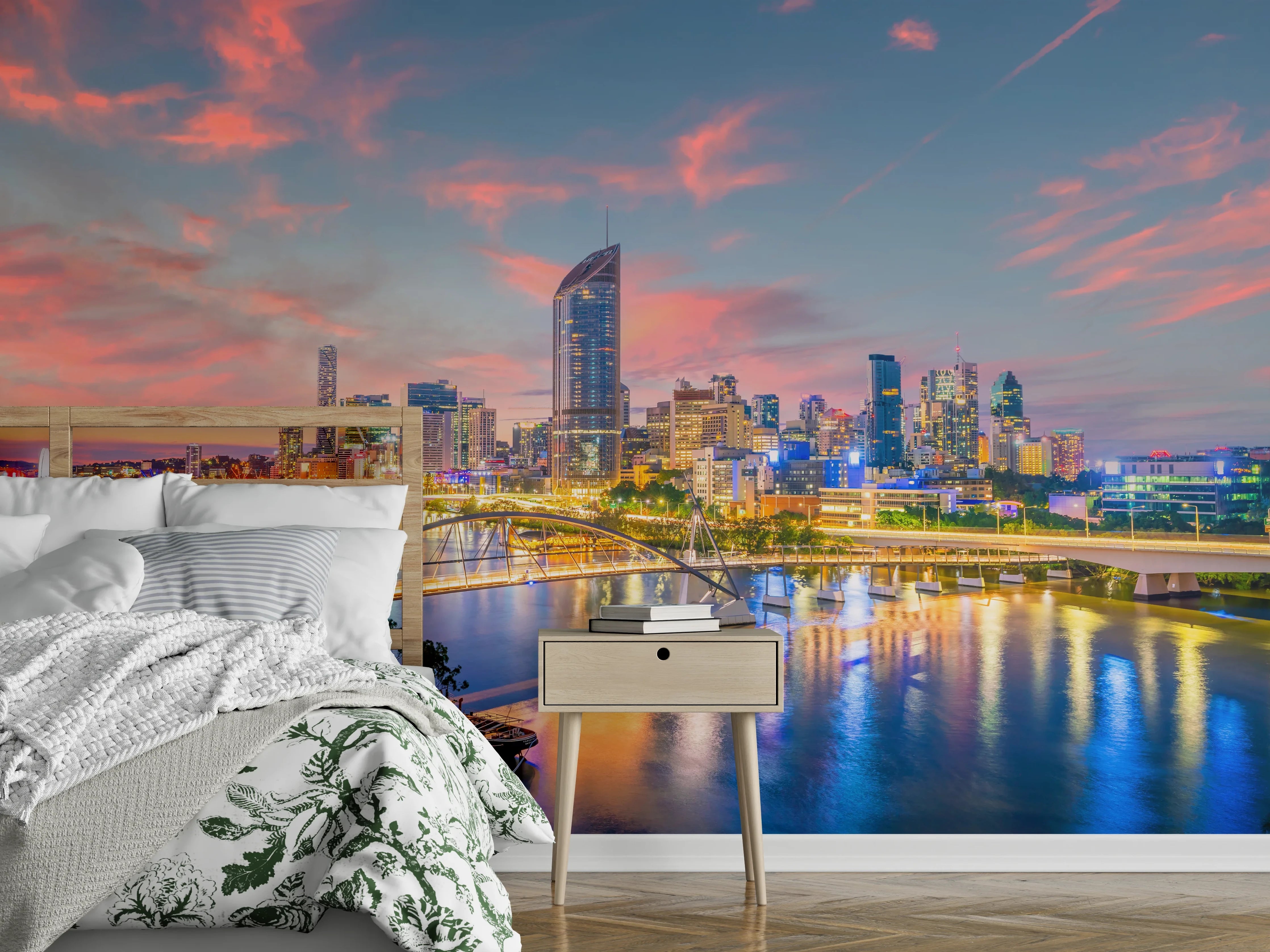 Wandverkleidung Schlafzimmer - Skyline bei Sonnenuntergang, farbintensiv