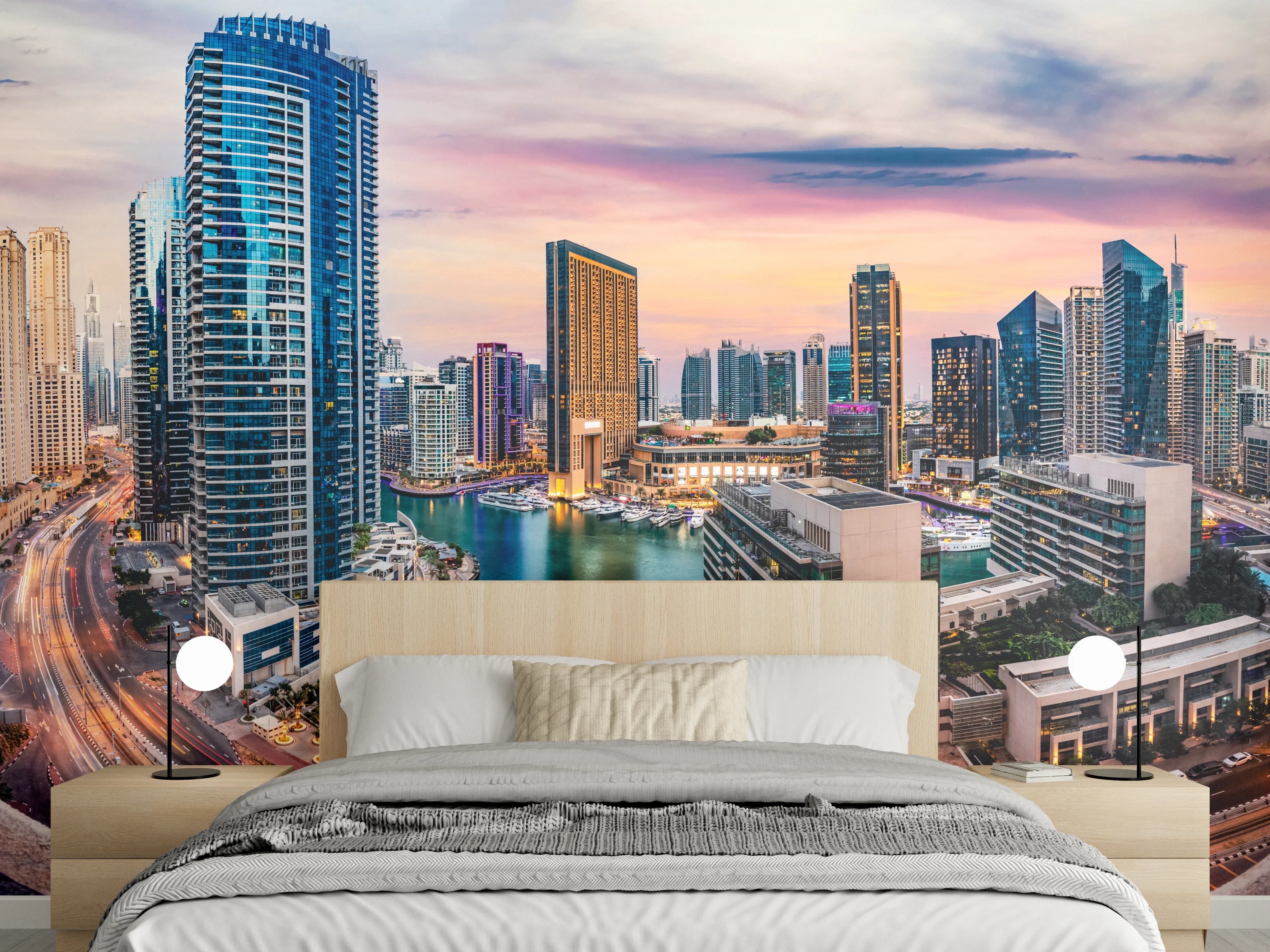 Wandverkleidung Schlafzimmer - Skyline des Jachthafens von Dubai bei Sonnenuntergang