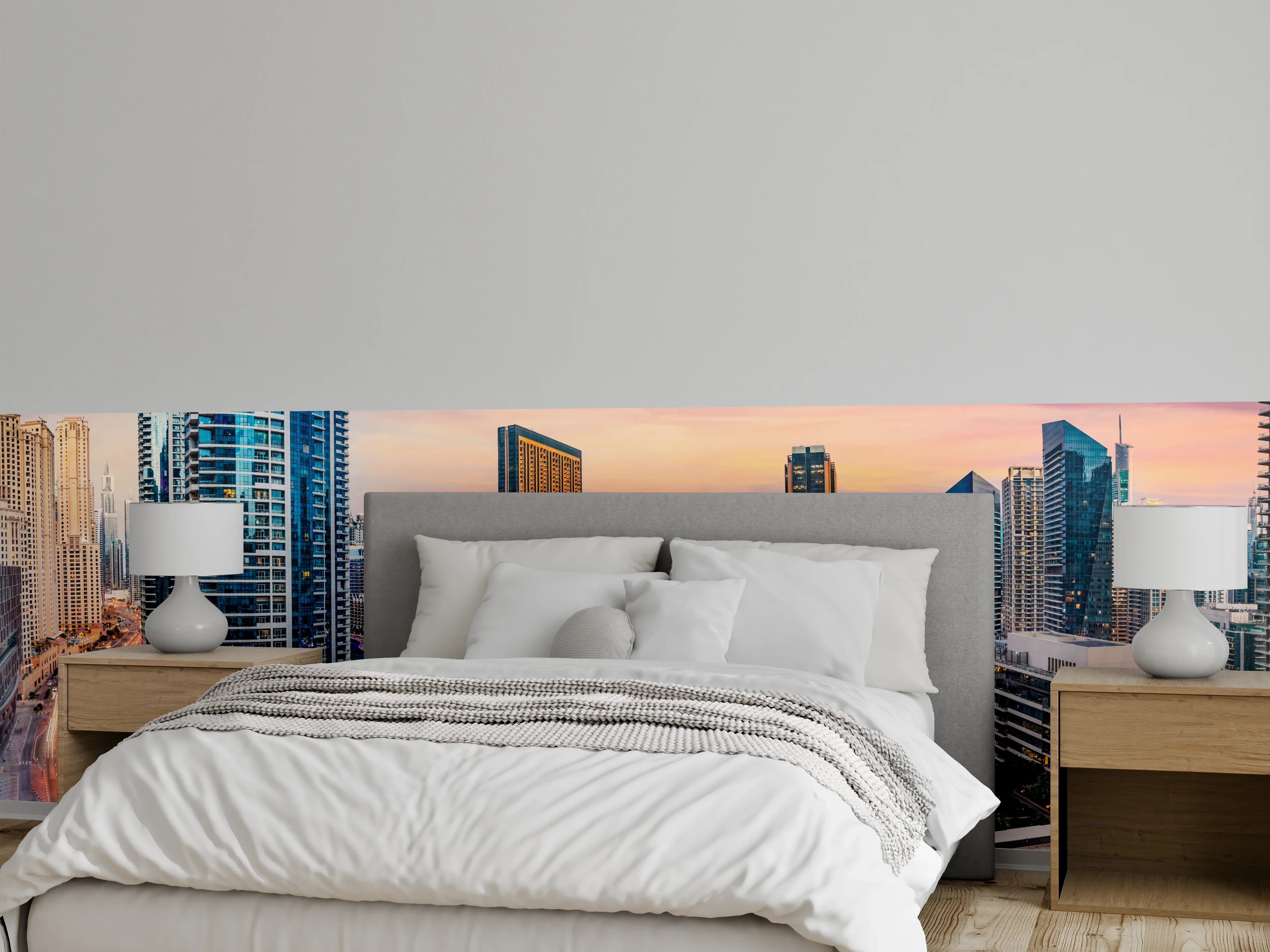 Wandverkleidung Schlafzimmer - Skyline des Jachthafens von Dubai bei Sonnenuntergang