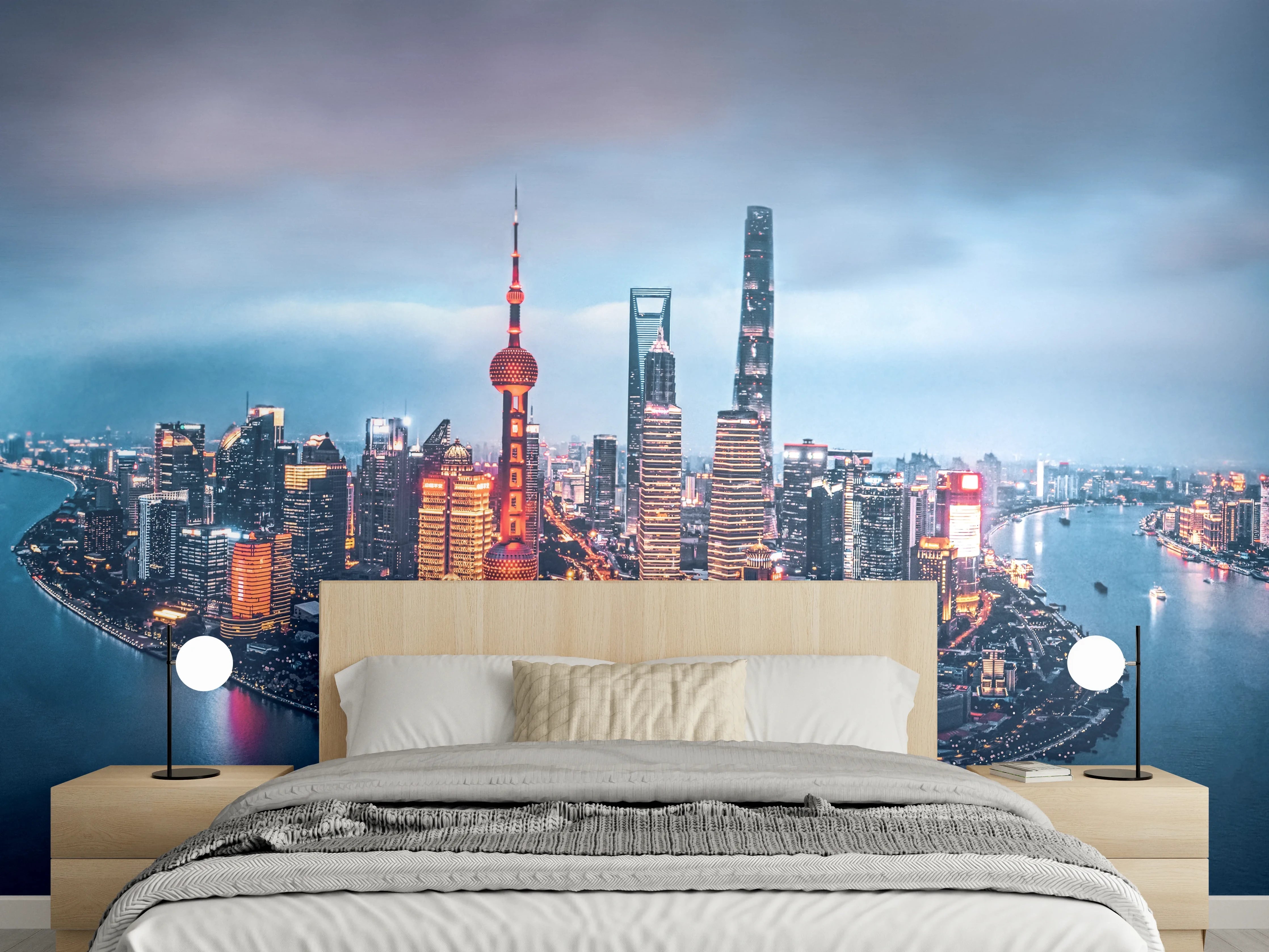 Wandverkleidung Schlafzimmer - Skyline von Shanghai bei Nacht