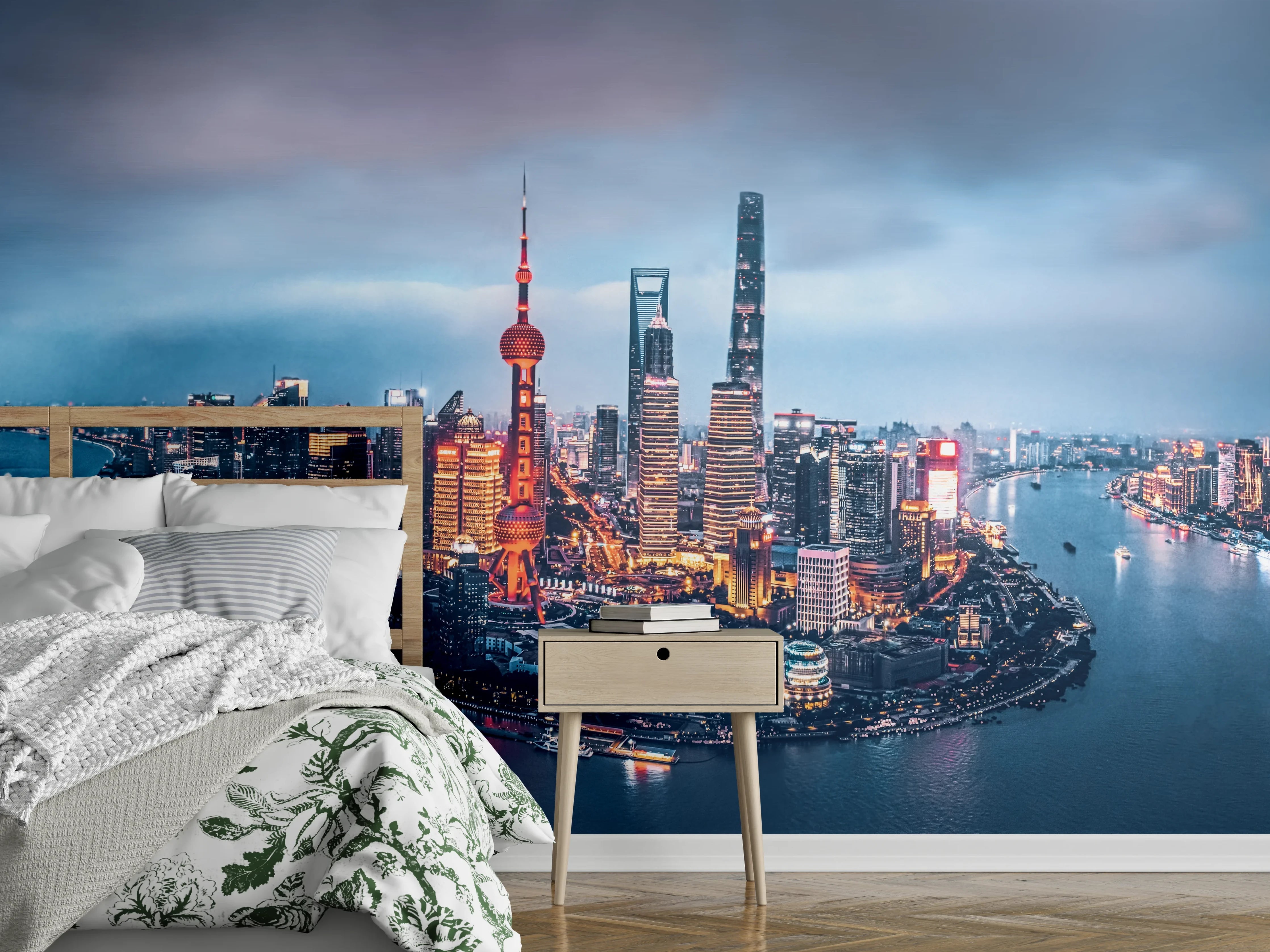 Wandverkleidung Schlafzimmer - Skyline von Shanghai bei Nacht