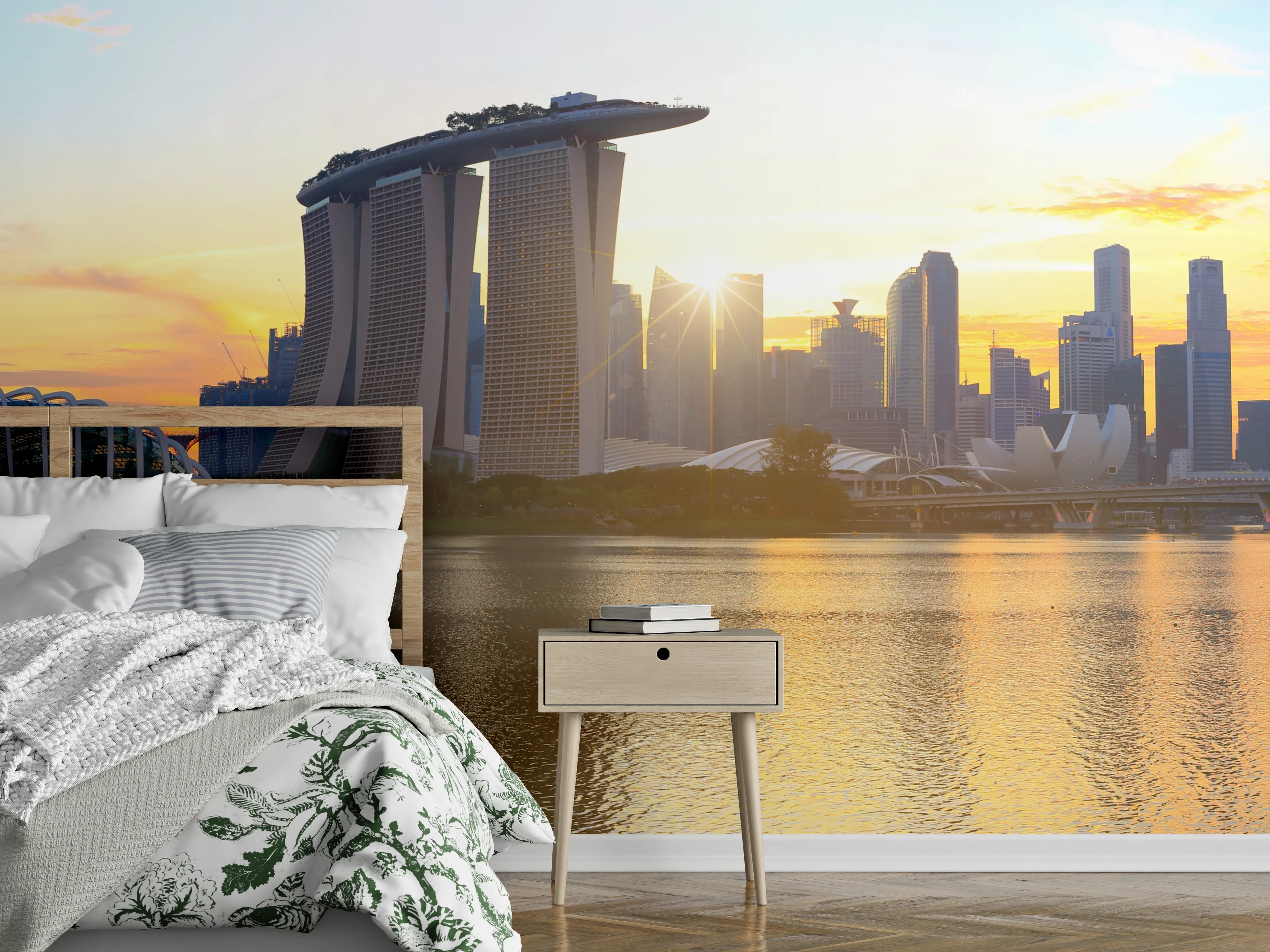Wandverkleidung Schlafzimmer - Skyline von Singapur bei Sonnenuntergang