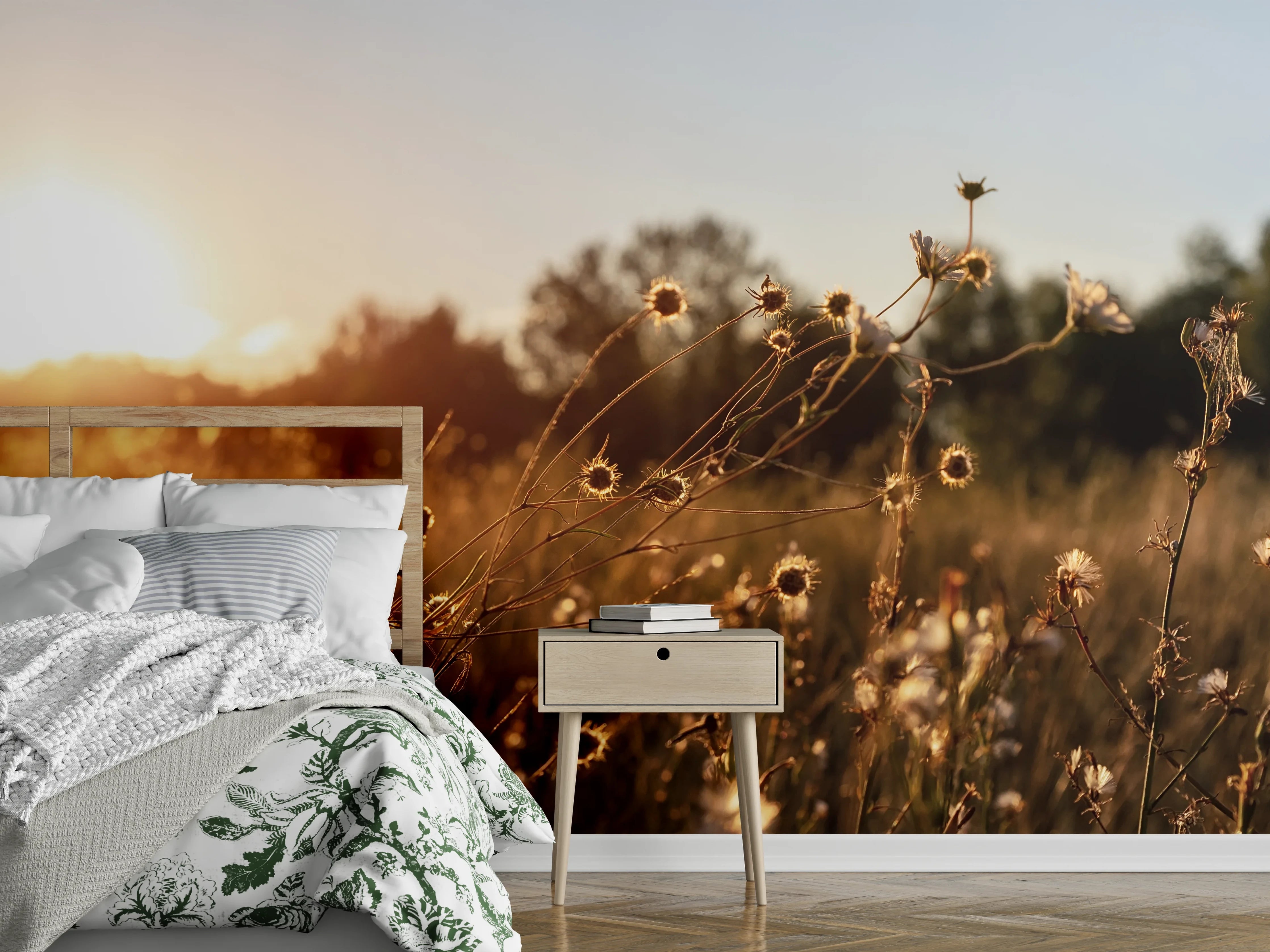 Wandverkleidung Schlafzimmer - Sommerlicher Sonnenaufgang über Wildwiese