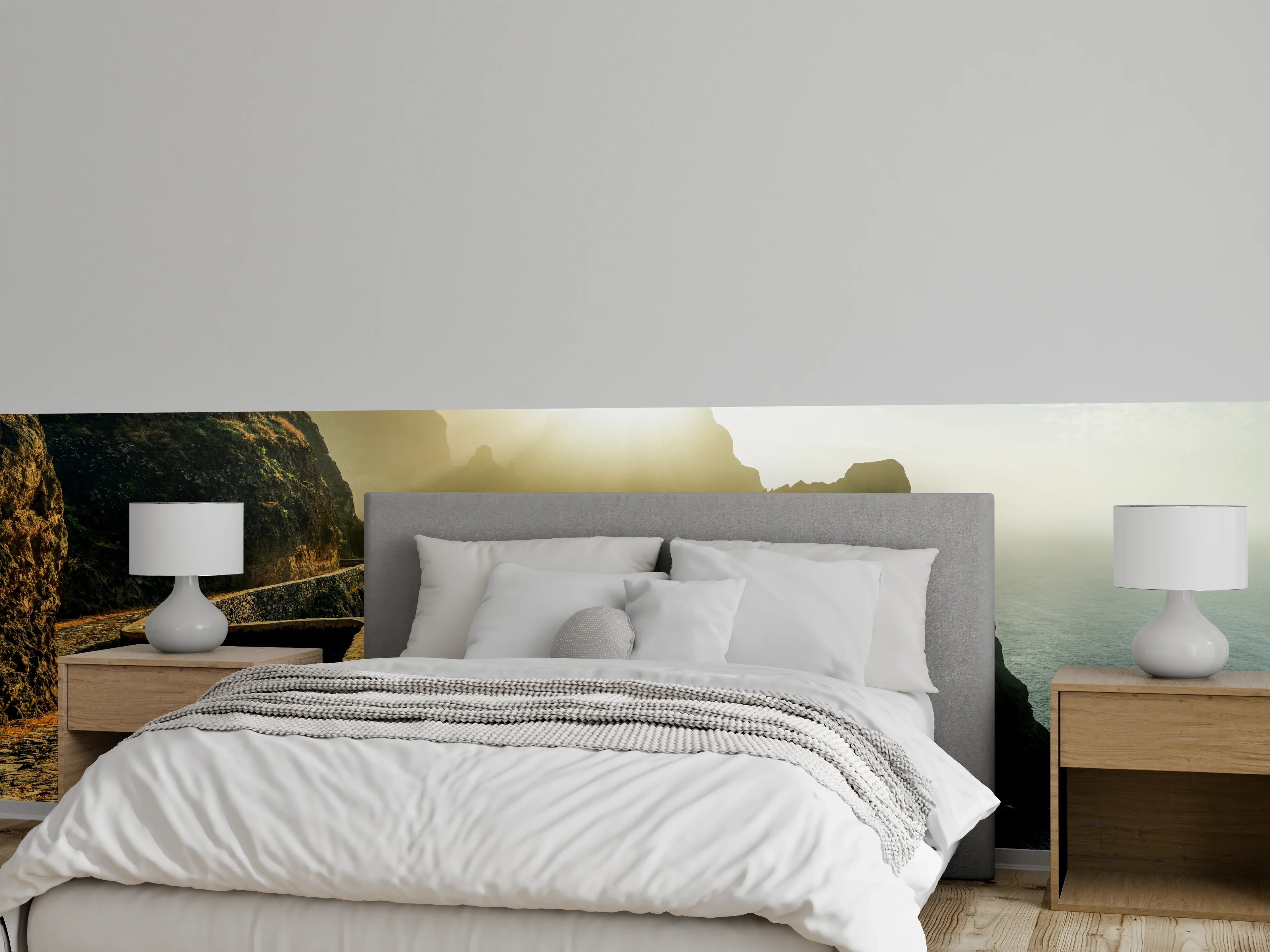 Wandverkleidung Schlafzimmer - Sonnenaufgang Küstenlandschaft Gebirge Panorama