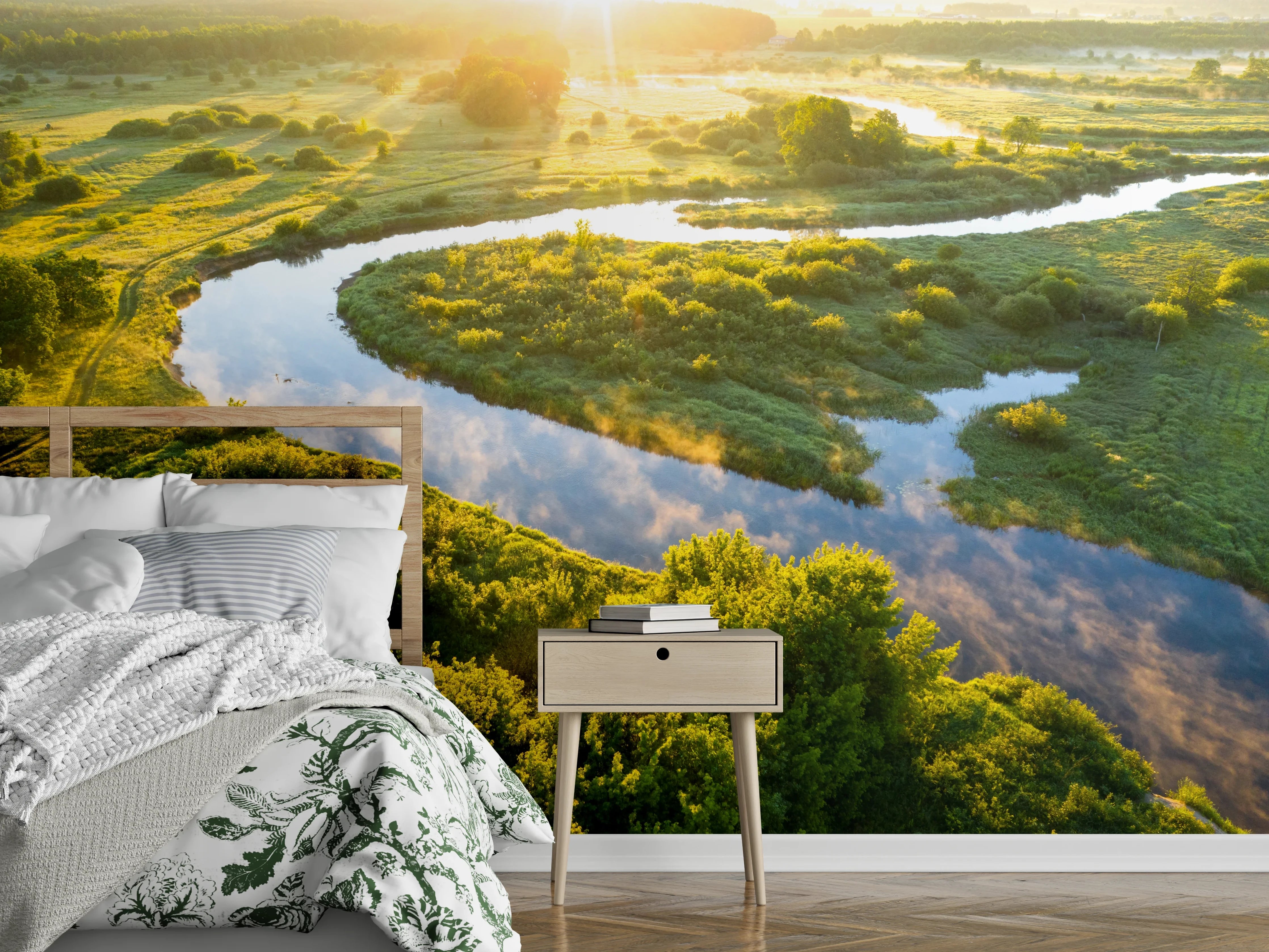 Wandverkleidung Schlafzimmer - Sonnenaufgang an einer Flusslandschaft