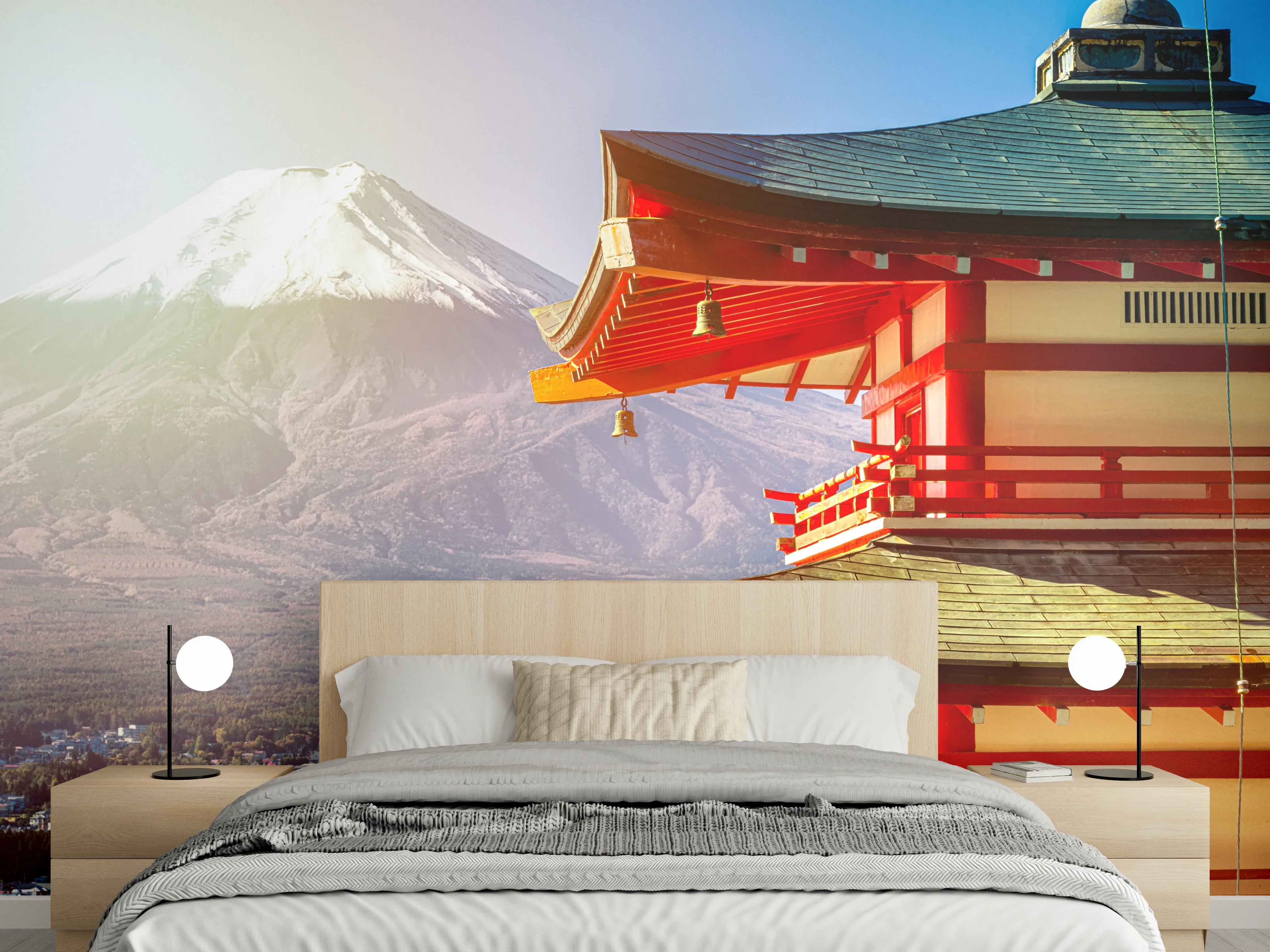 Wandverkleidung Schlafzimmer - Sonnenaufgang des Berges Fuji und rote Pagode