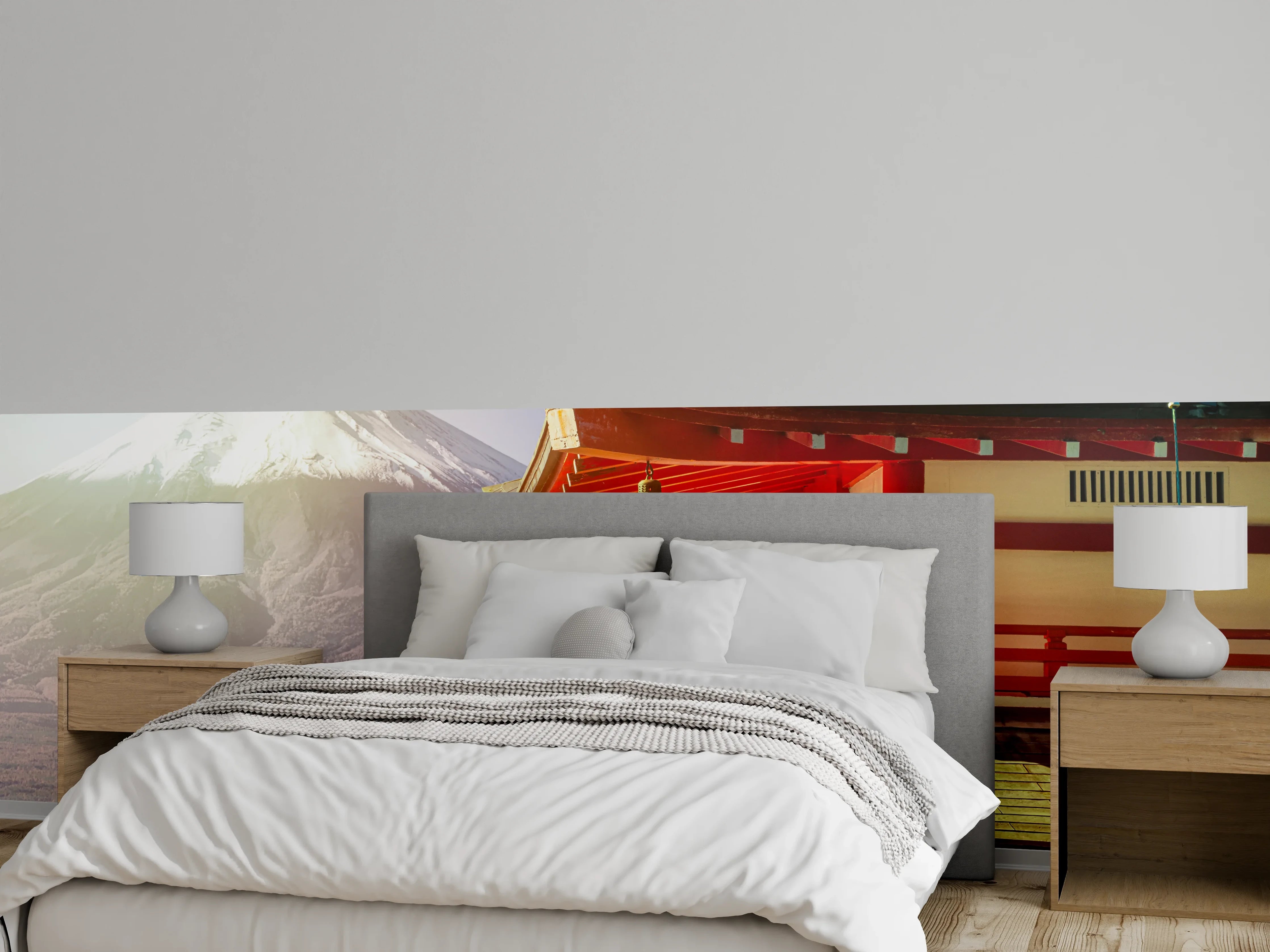 Wandverkleidung Schlafzimmer - Sonnenaufgang des Berges Fuji und rote Pagode