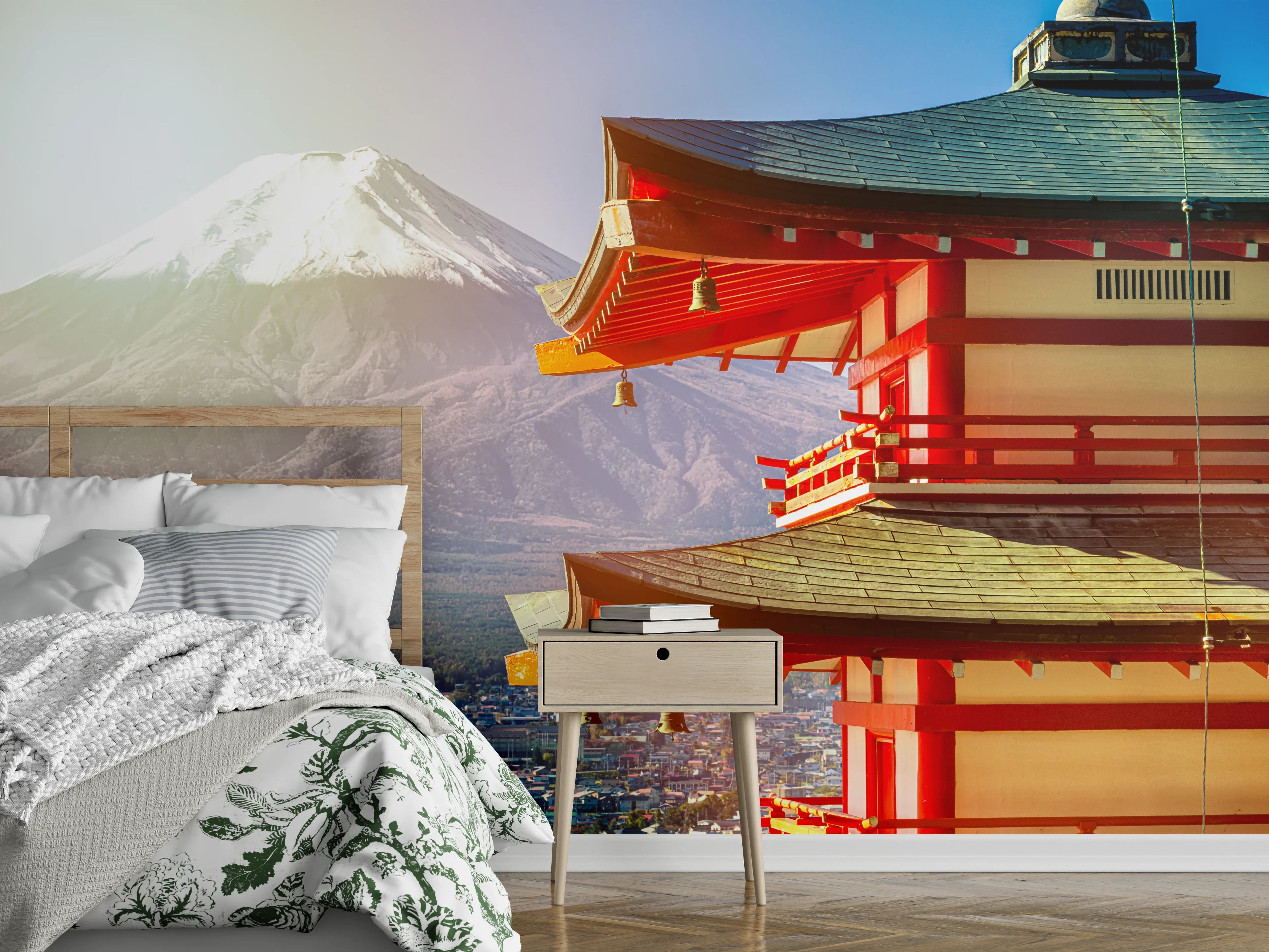 Wandverkleidung Schlafzimmer - Sonnenaufgang des Berges Fuji und rote Pagode