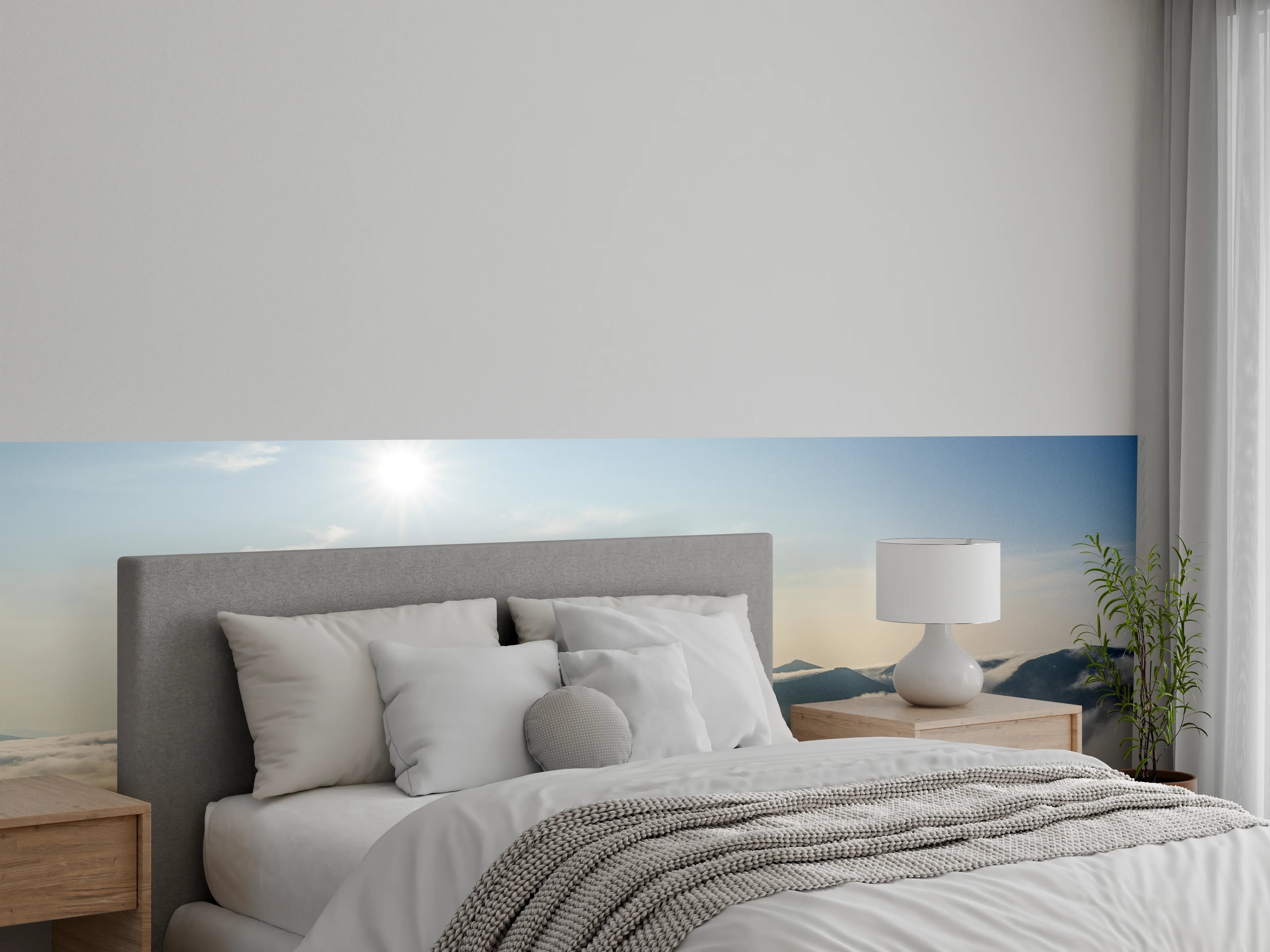 Wandverkleidung Schlafzimmer - Sonnenaufgang über Wolken und Bergen