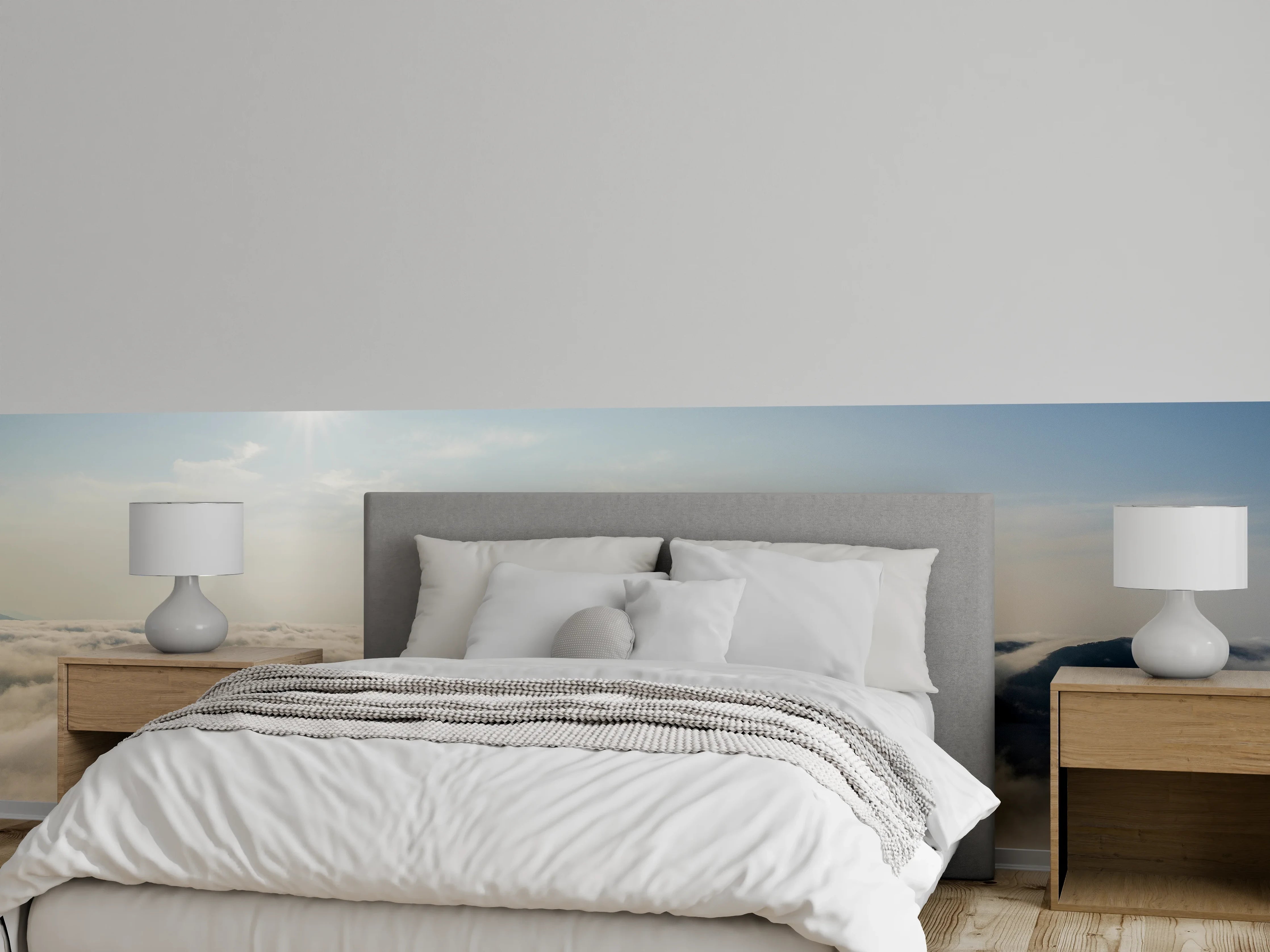 Wandverkleidung Schlafzimmer - Sonnenaufgang über Wolken und Bergen